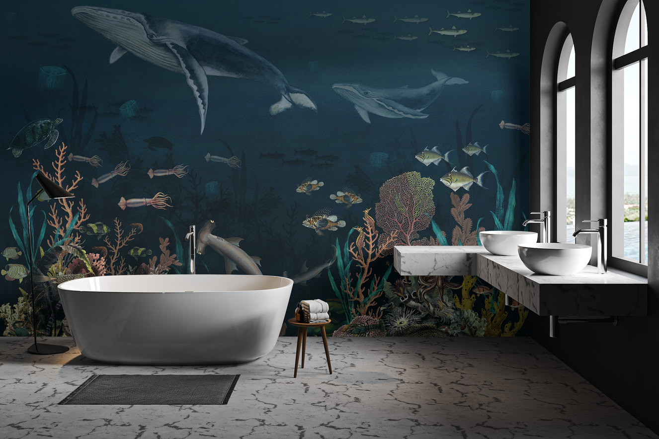 Ocean wallpaper with whales and sea creatures