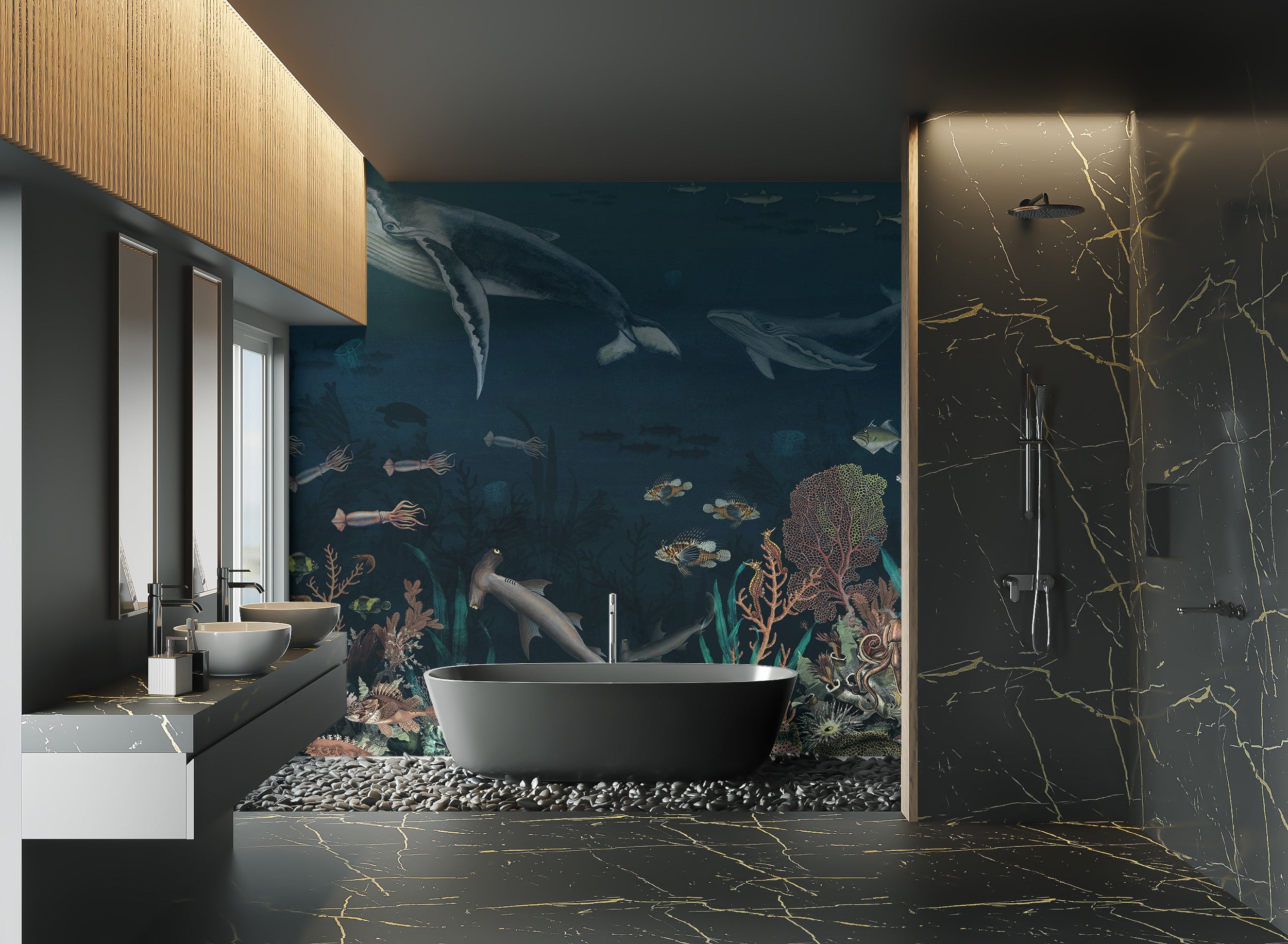 Oceanic underwater wallpaper featuring sea creatures