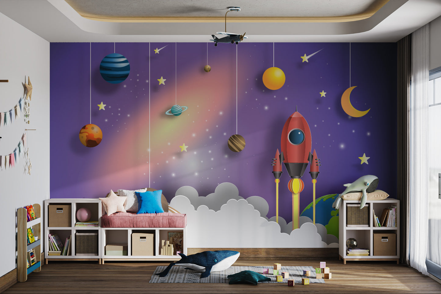 Rocket and planets in space wallpaper for kids