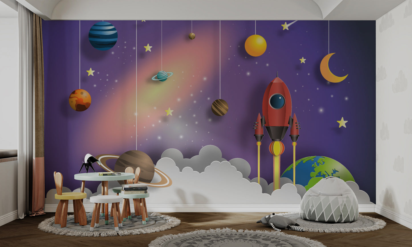 Space exploration theme with rocket and planets