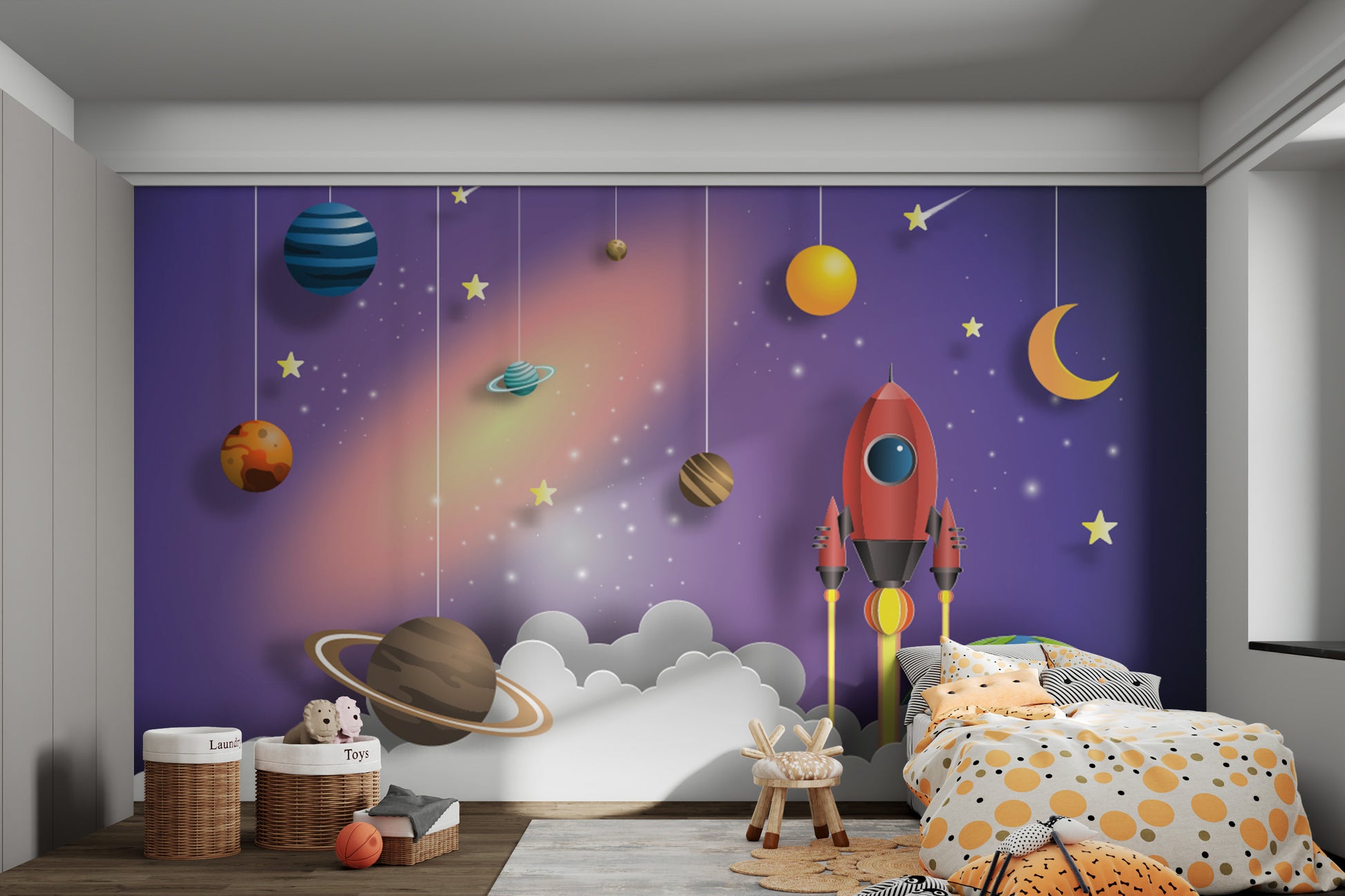 Space rocket flying among stars and planets mural