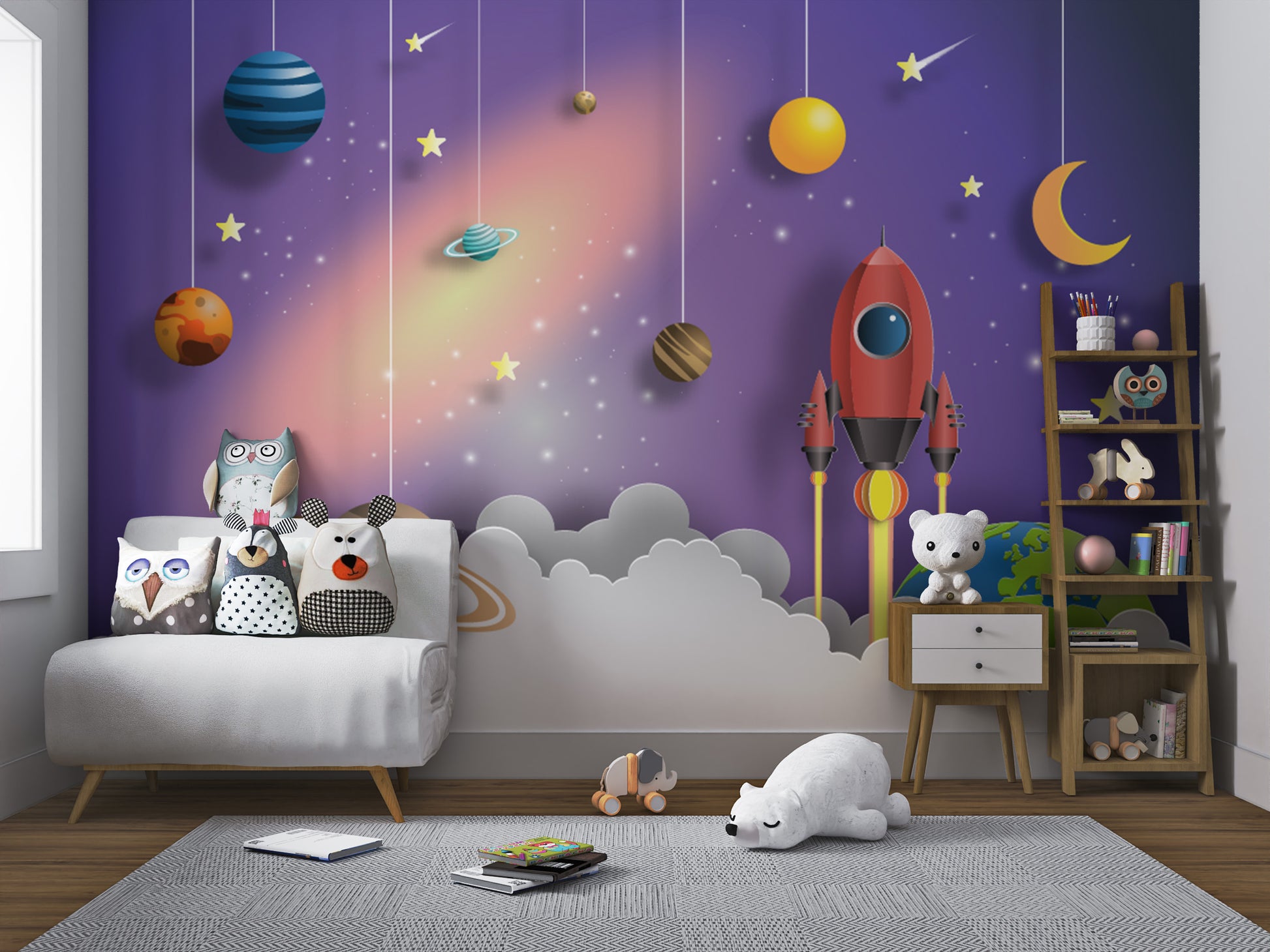 Child's space mural with rocket and planetary system