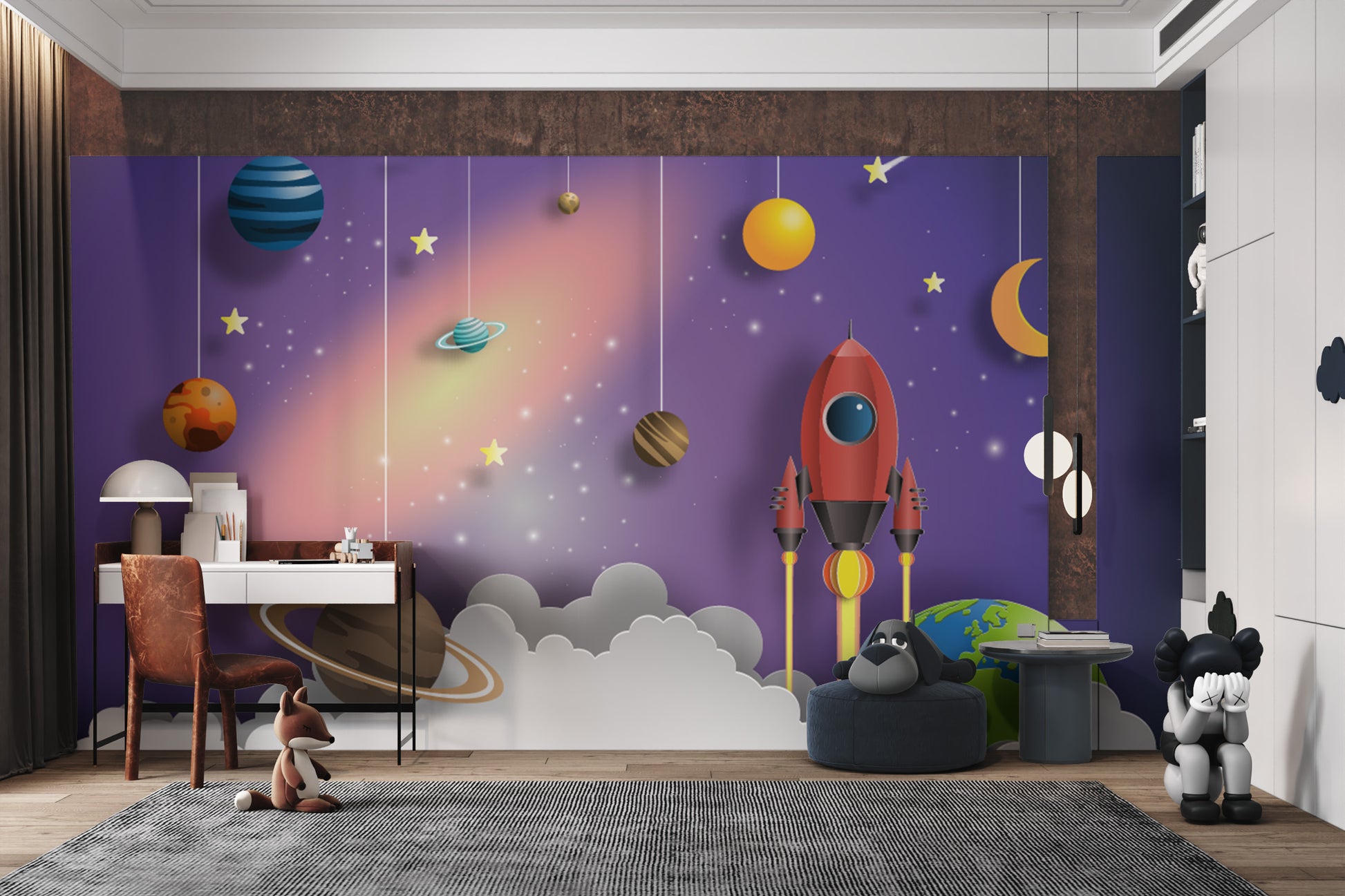 Space adventure wallpaper with rocket and stars