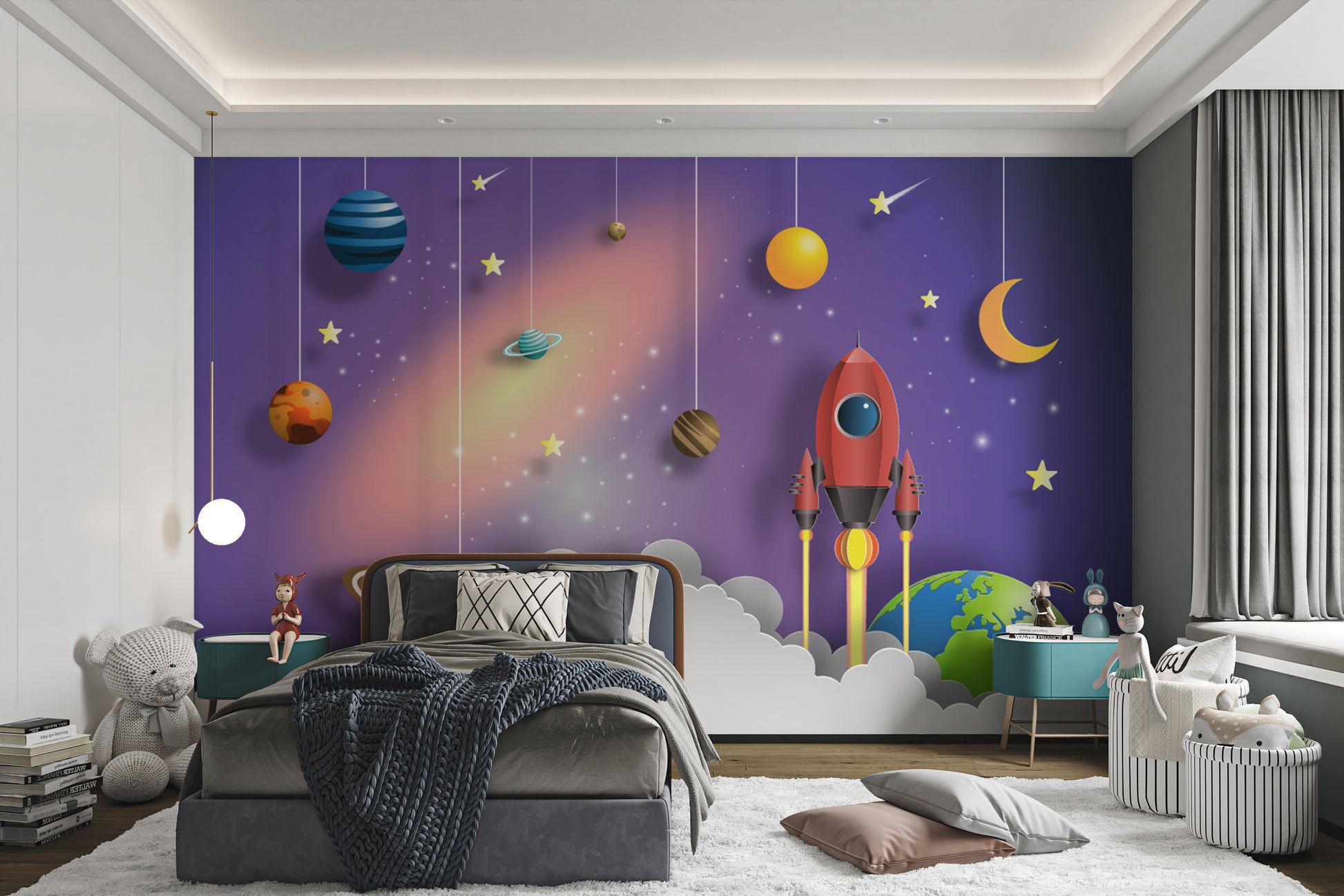 Rocket and planets in space, kids room mural design