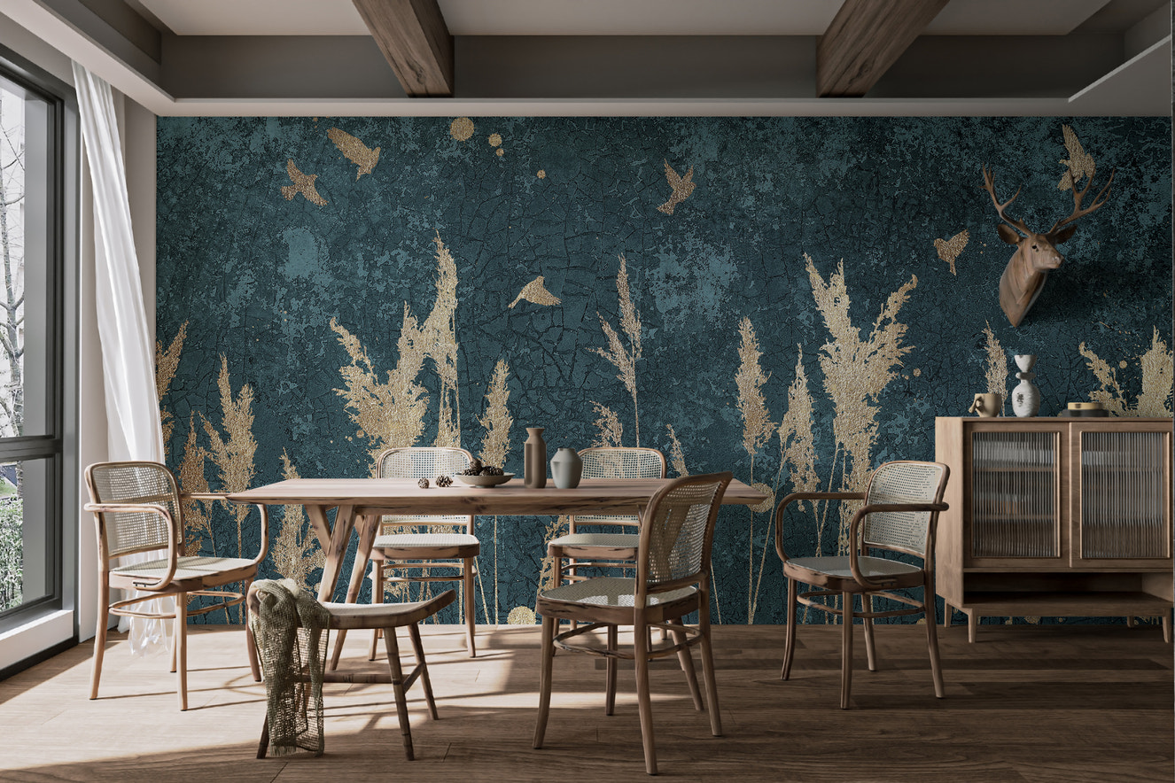 Gold Color Reeds and Birds Wallpaper Walls Murals