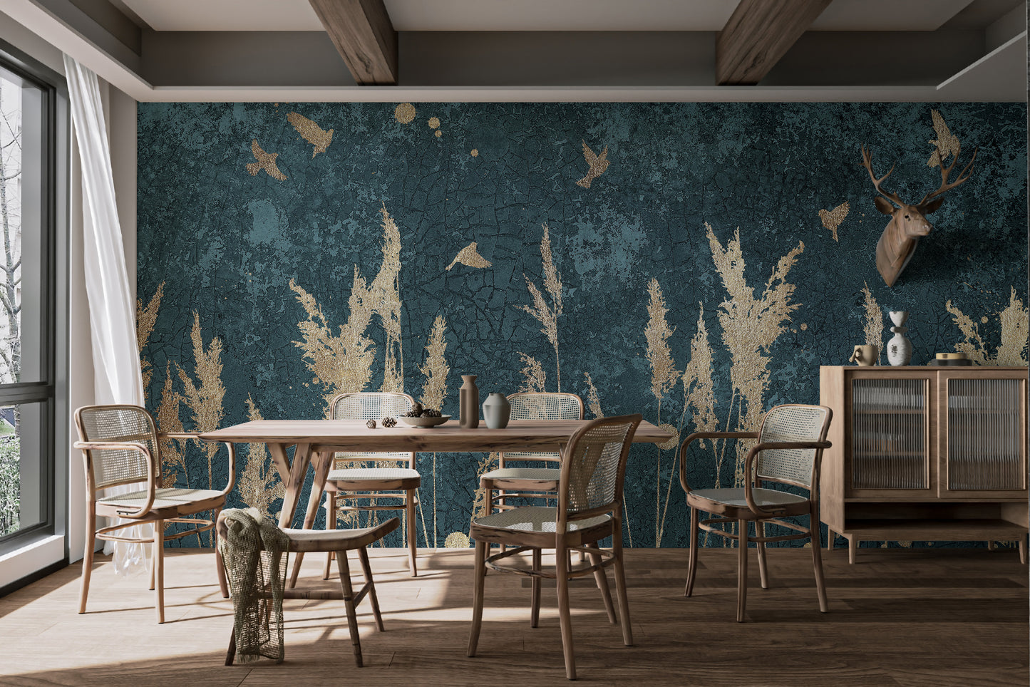 Gold Color Reeds and Birds Wallpaper Walls Murals