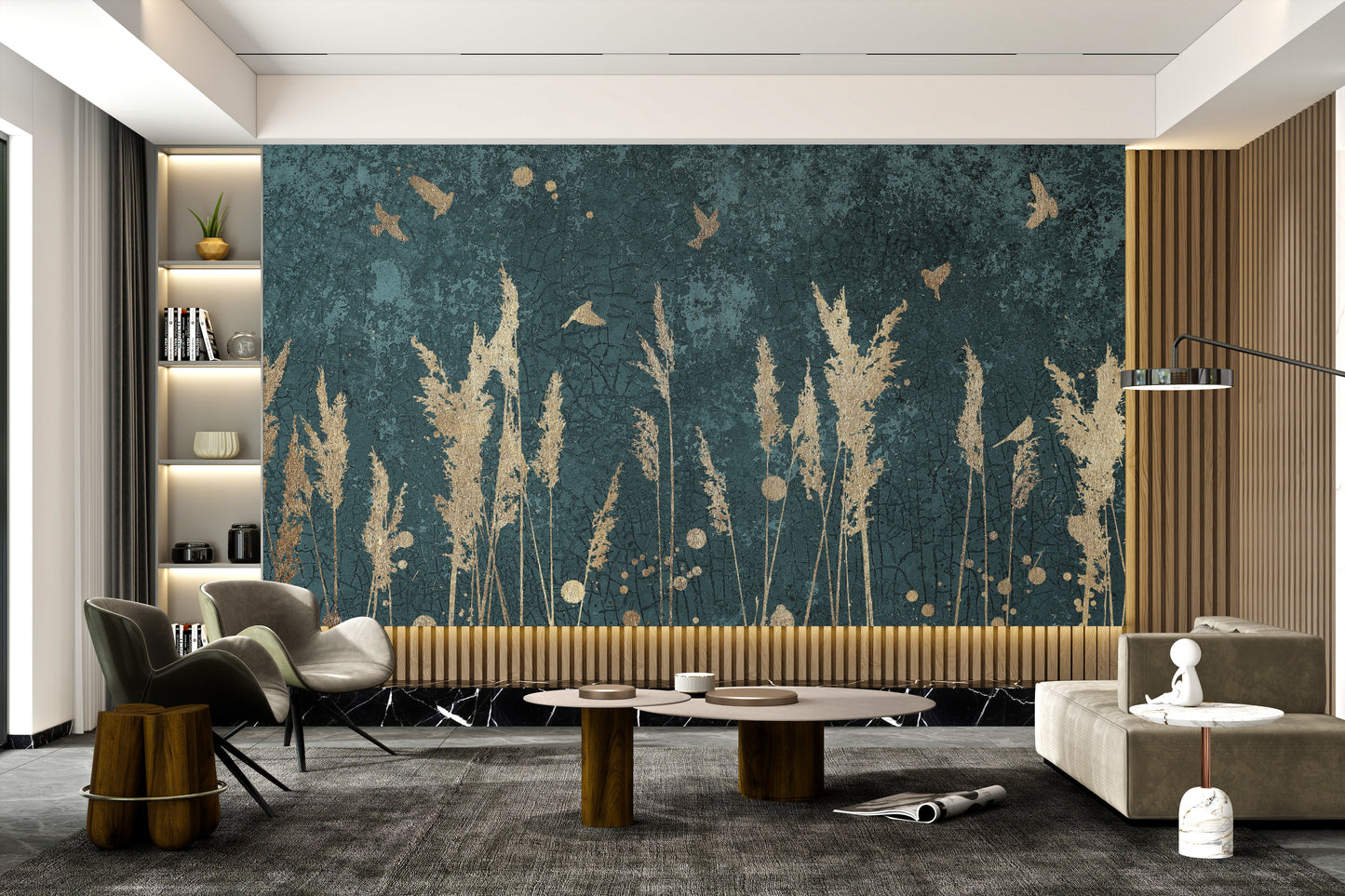 Gold Color Reeds and Birds Wallpaper Walls Murals