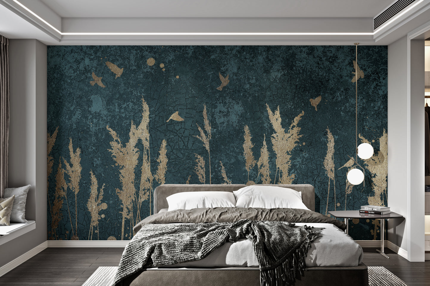 Gold Color Reeds and Birds Wallpaper Walls Murals