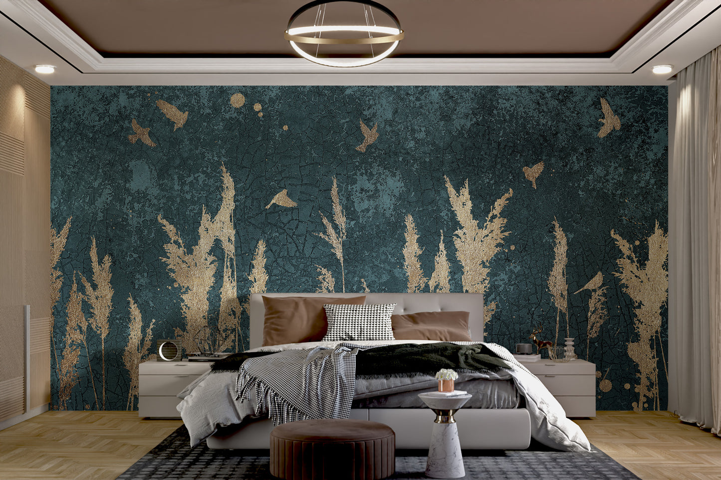 Gold Color Reeds and Birds Wallpaper Walls Murals