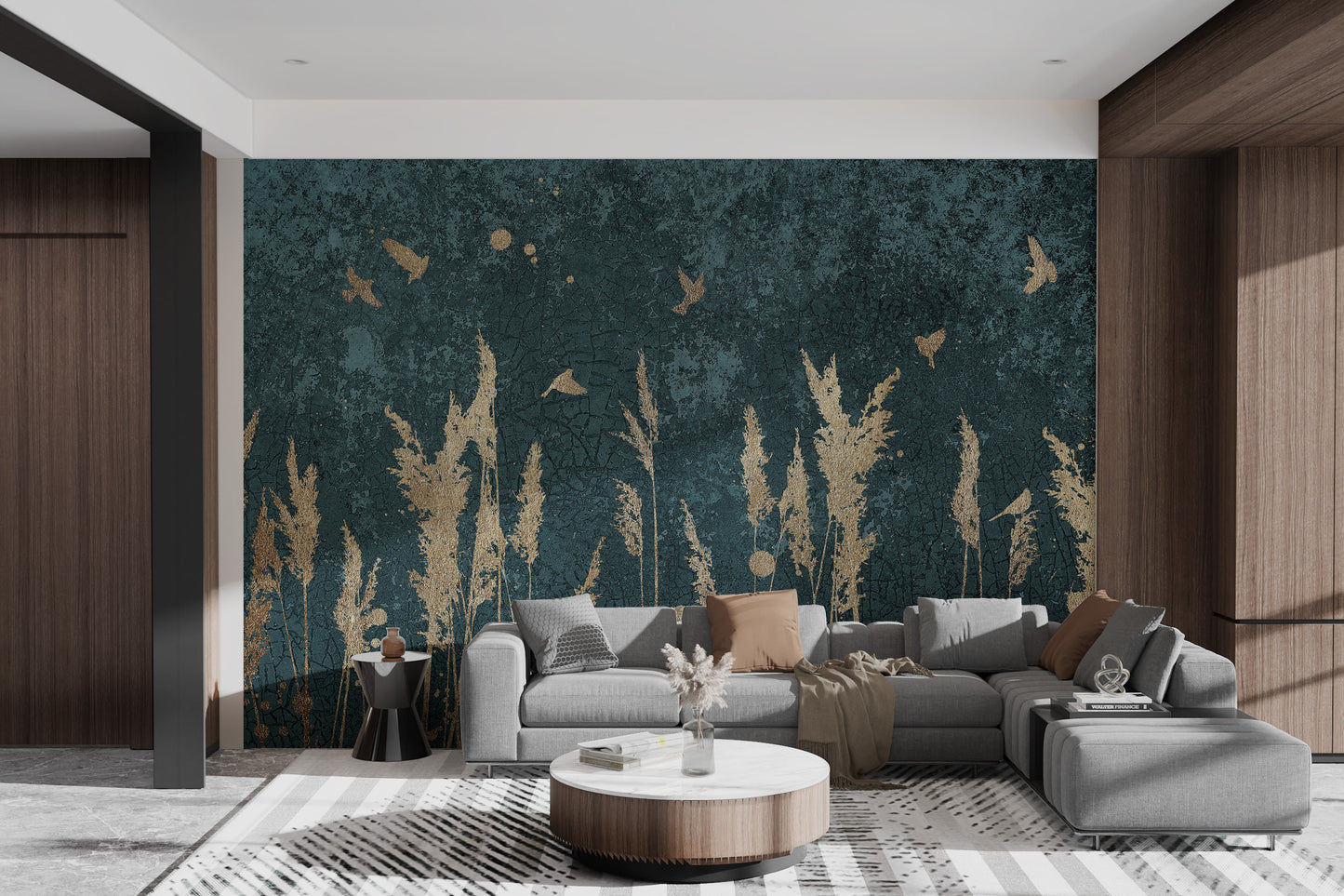 Gold Color Reeds and Birds Wallpaper Walls Murals