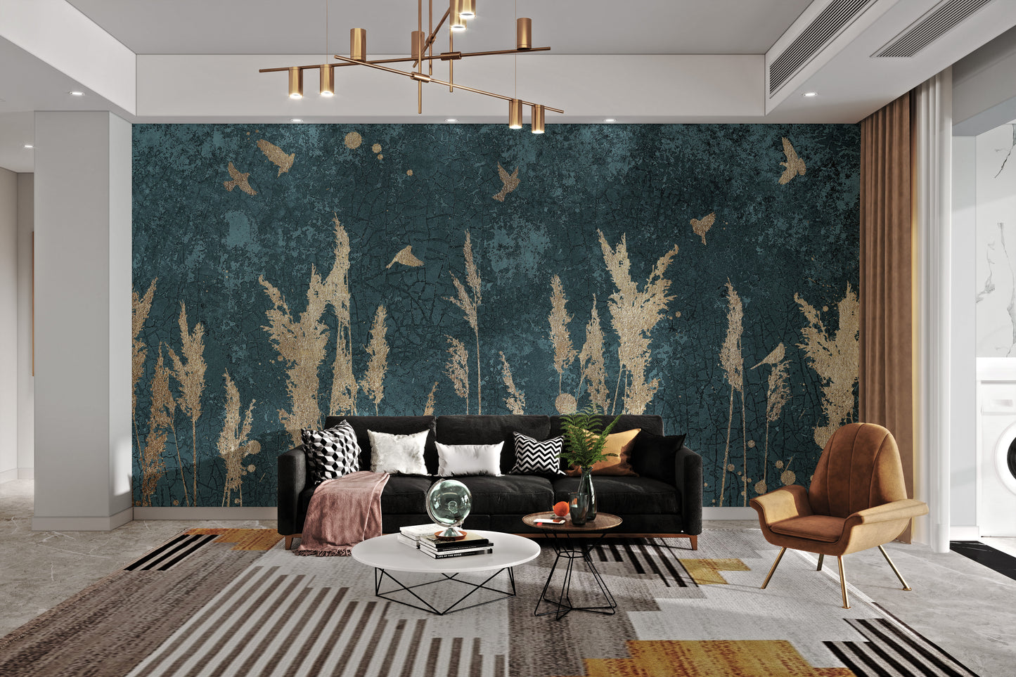 Gold Color Reeds and Birds Wallpaper Walls Murals