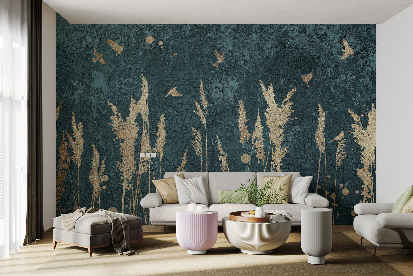 Gold Color Reeds and Birds Wallpaper Walls Murals