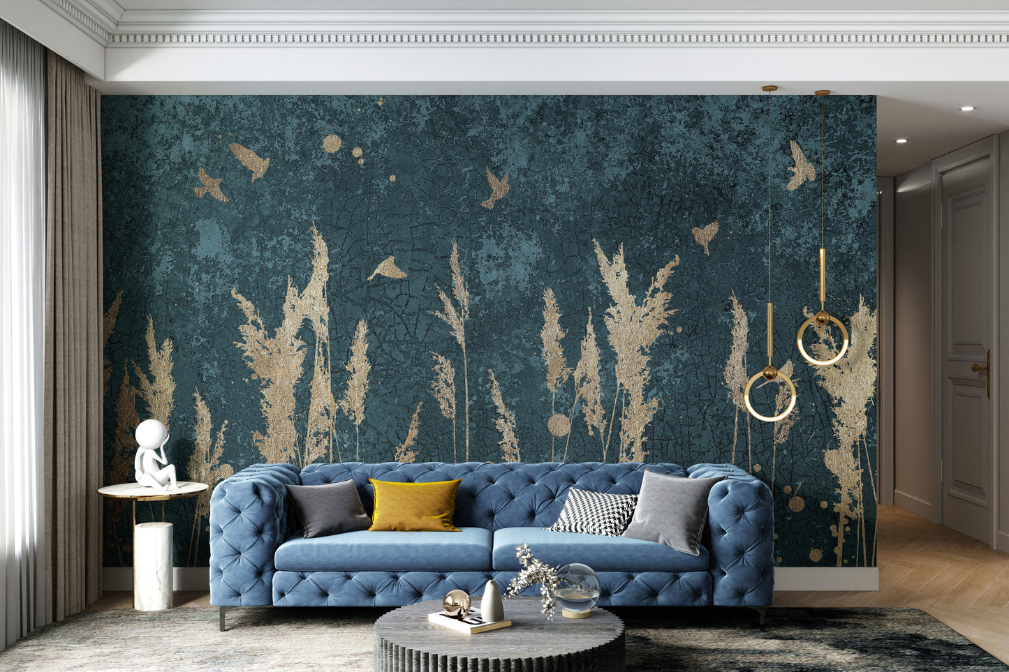 Gold Color Reeds and Birds Wallpaper Walls Murals