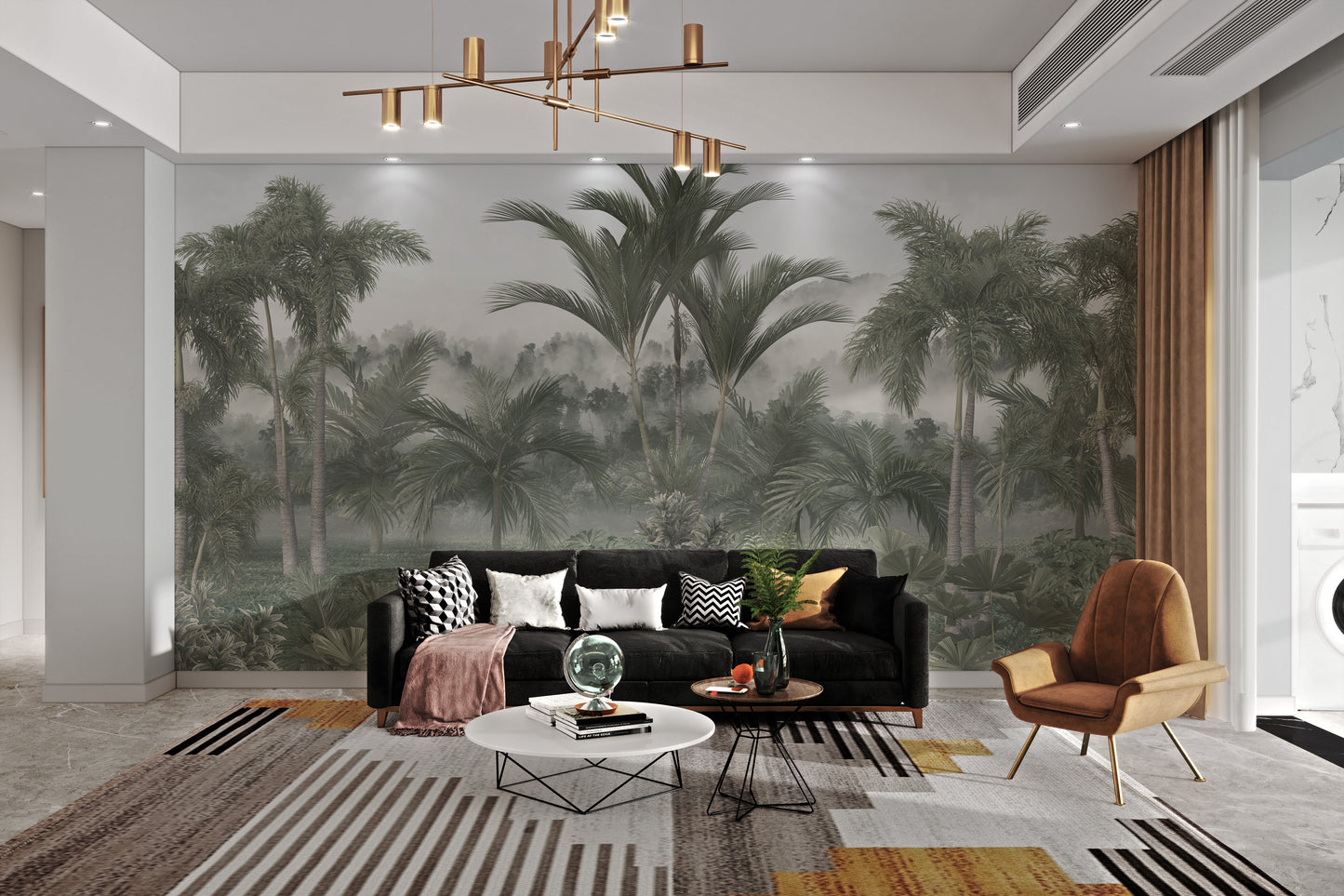 Lush palm trees mural in serene tropical landscape