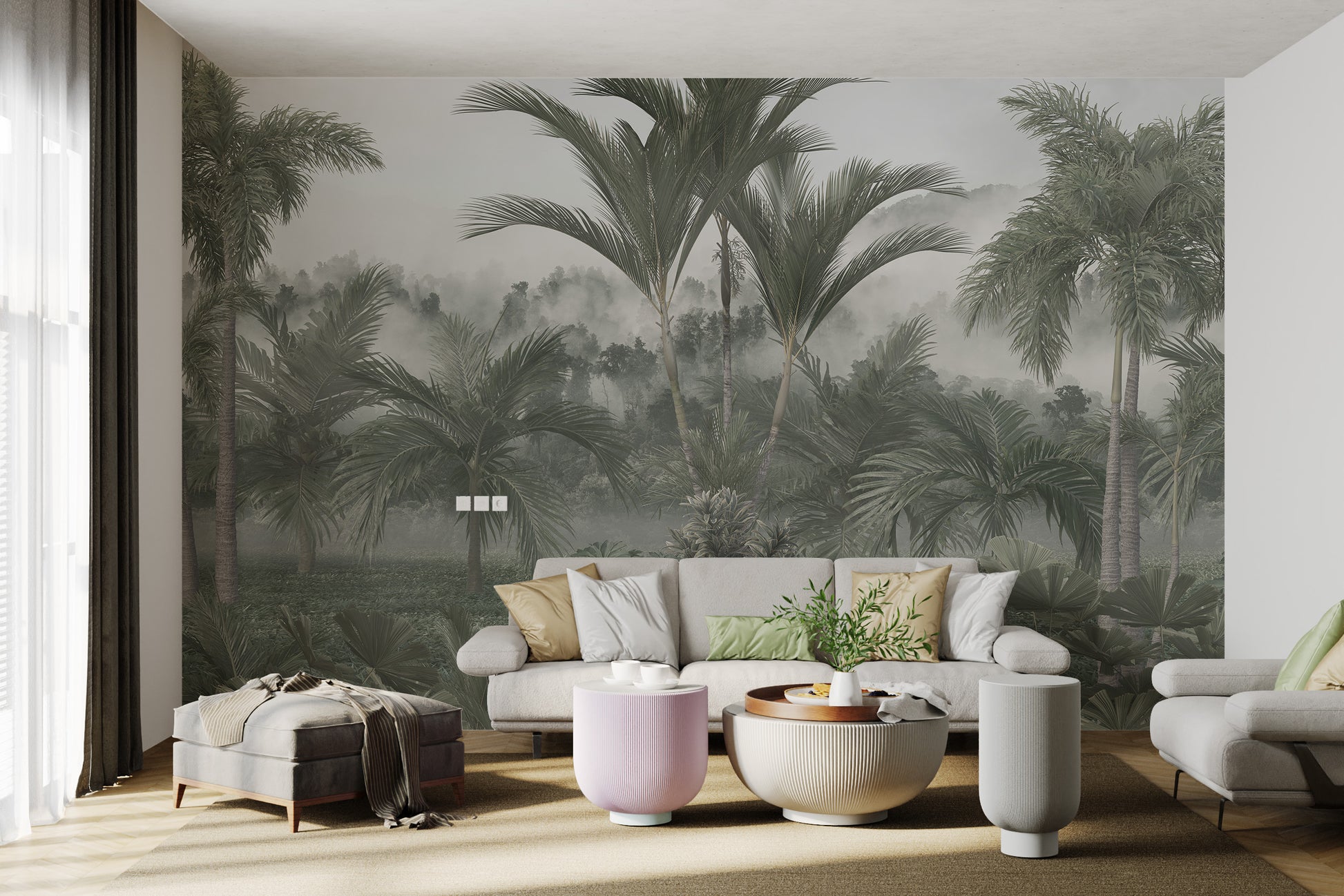 Green tropical landscape mural for bedroom decor