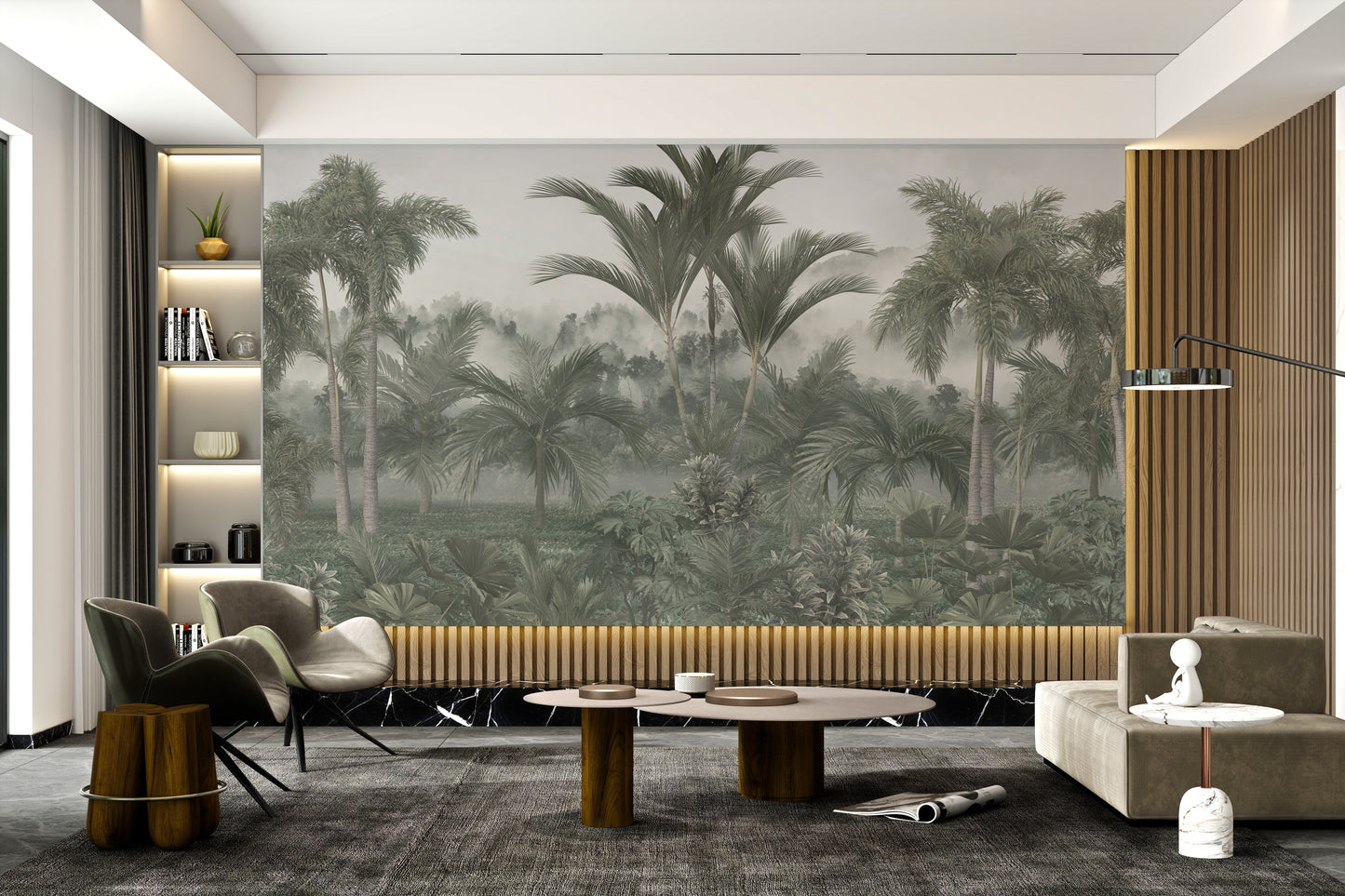 Tropical palm leaves mural with soft gray background