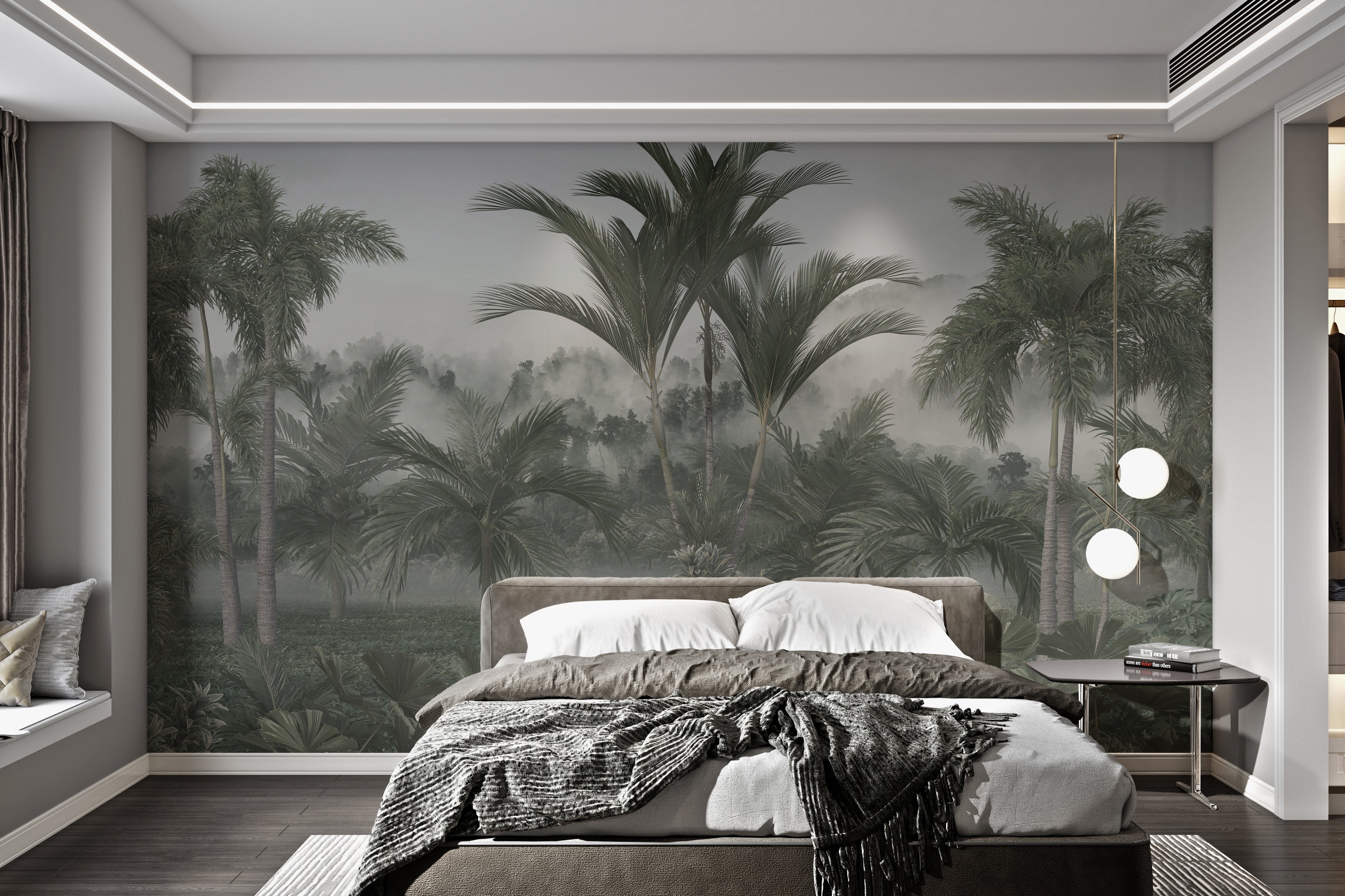 Calming tropical wallpaper with green palm trees