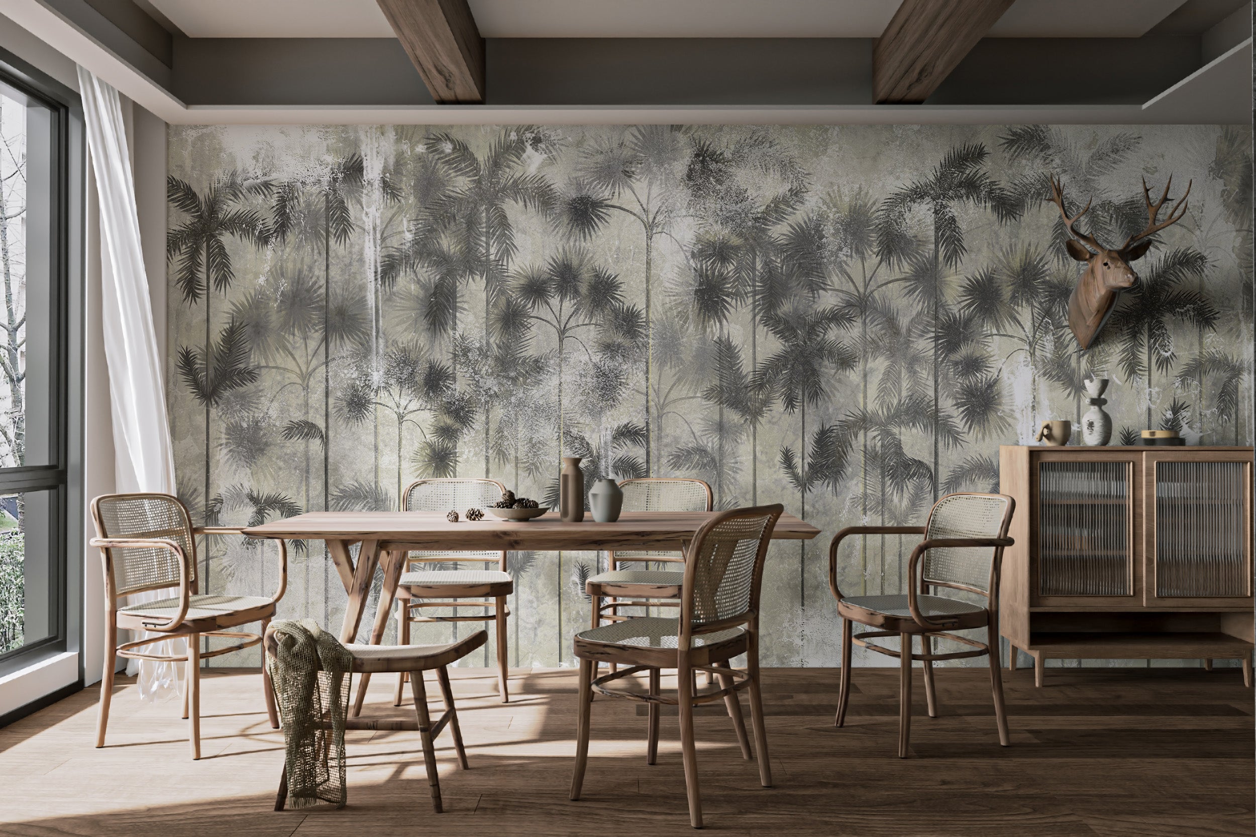 Textured tropical wallpaper with palm trees print