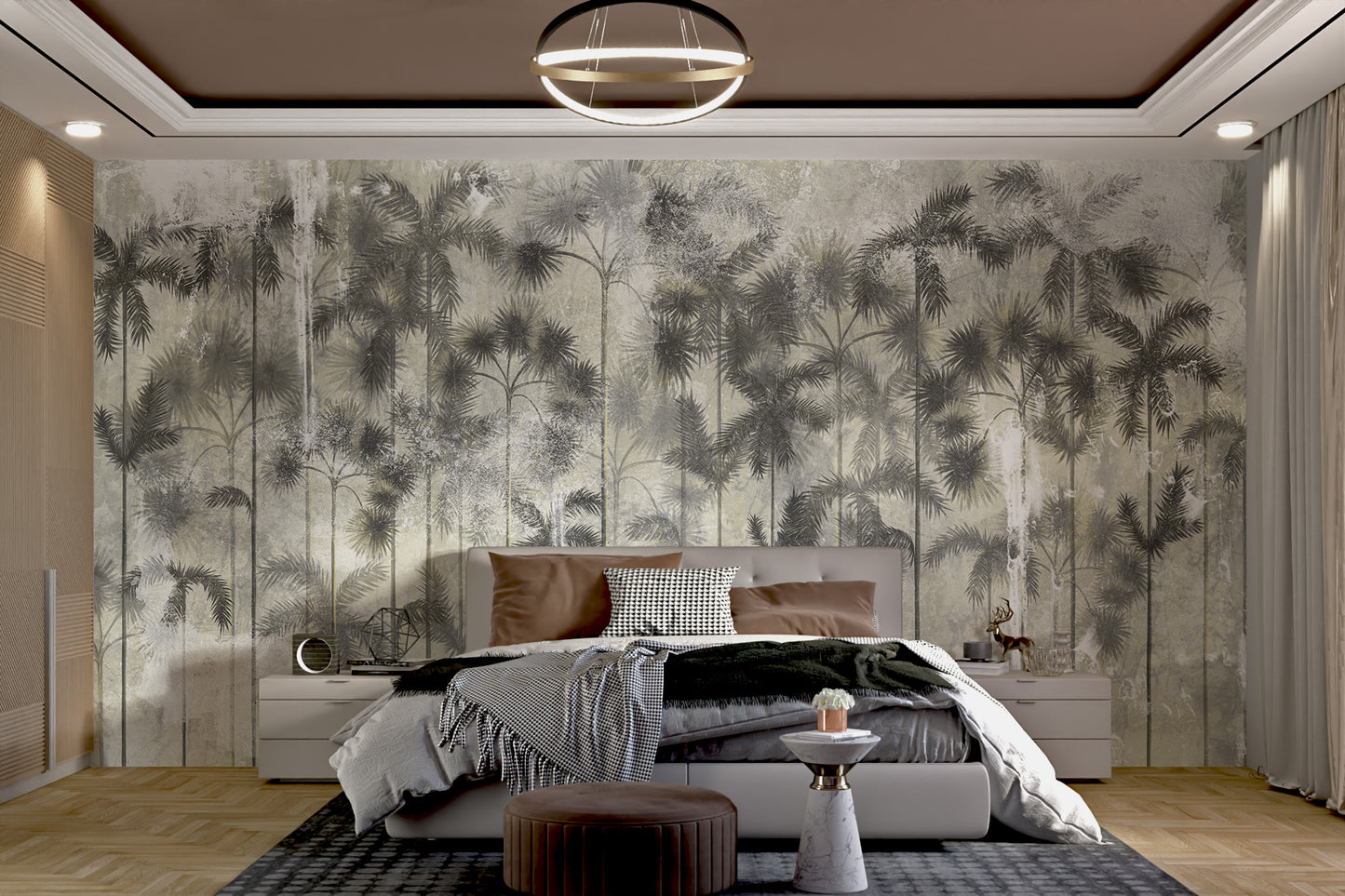 Tropical palm trees mural on textured wallpaper