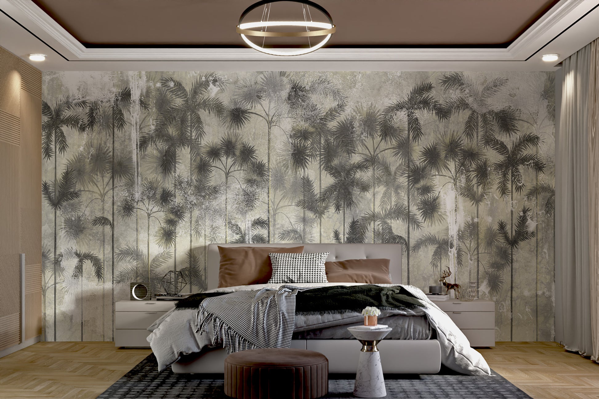 Tropical palm trees mural on textured wallpaper