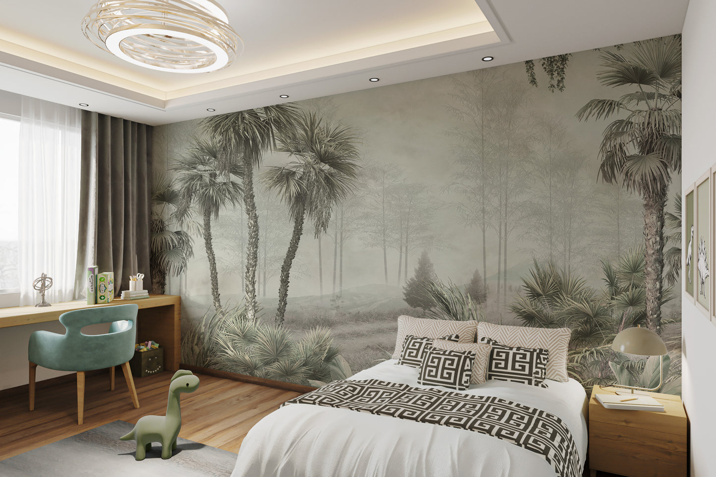 Beige tropical foliage mural for peaceful interiors.