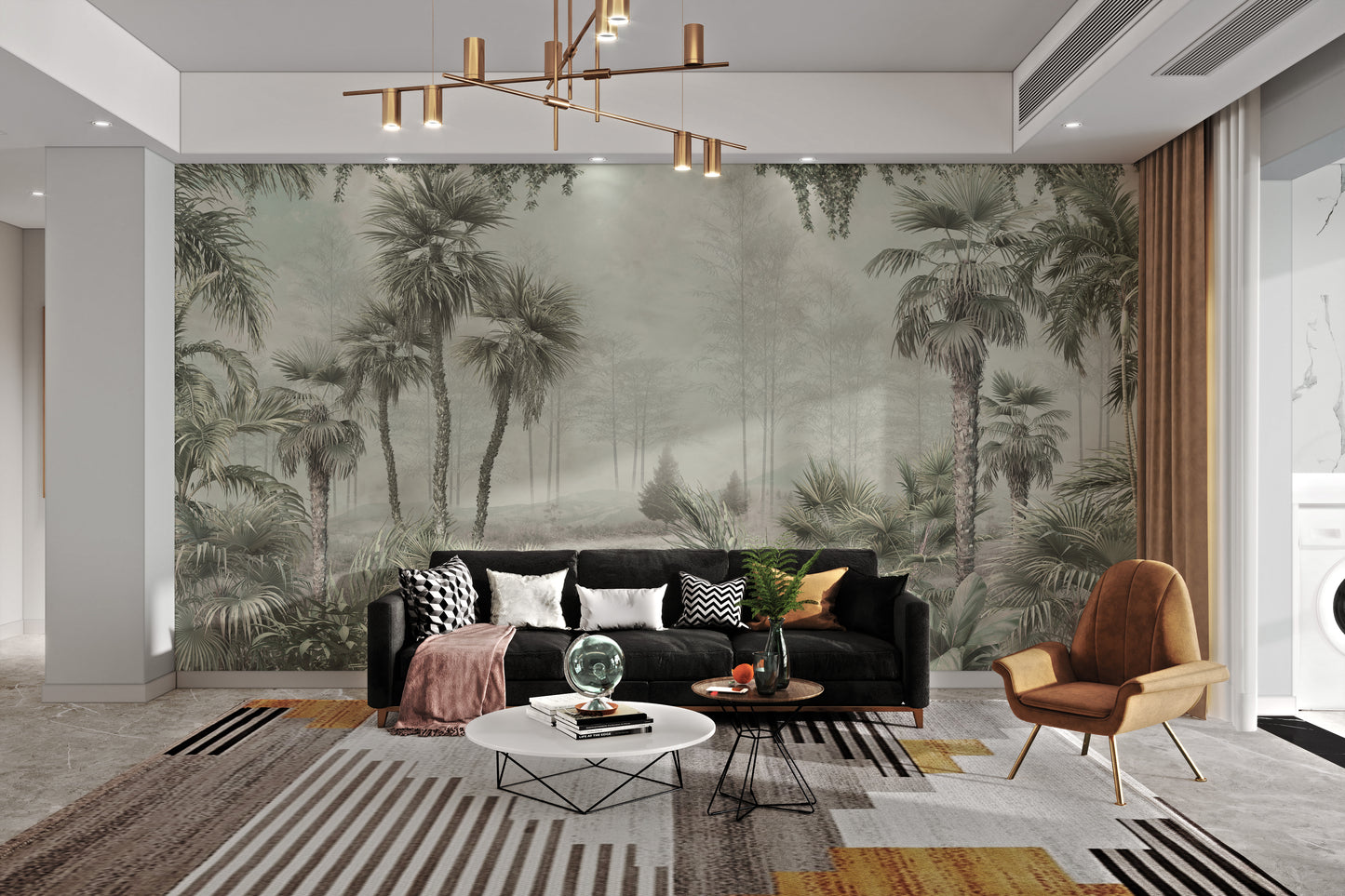 Tropical trees and leaves wallpaper in soft green tones.