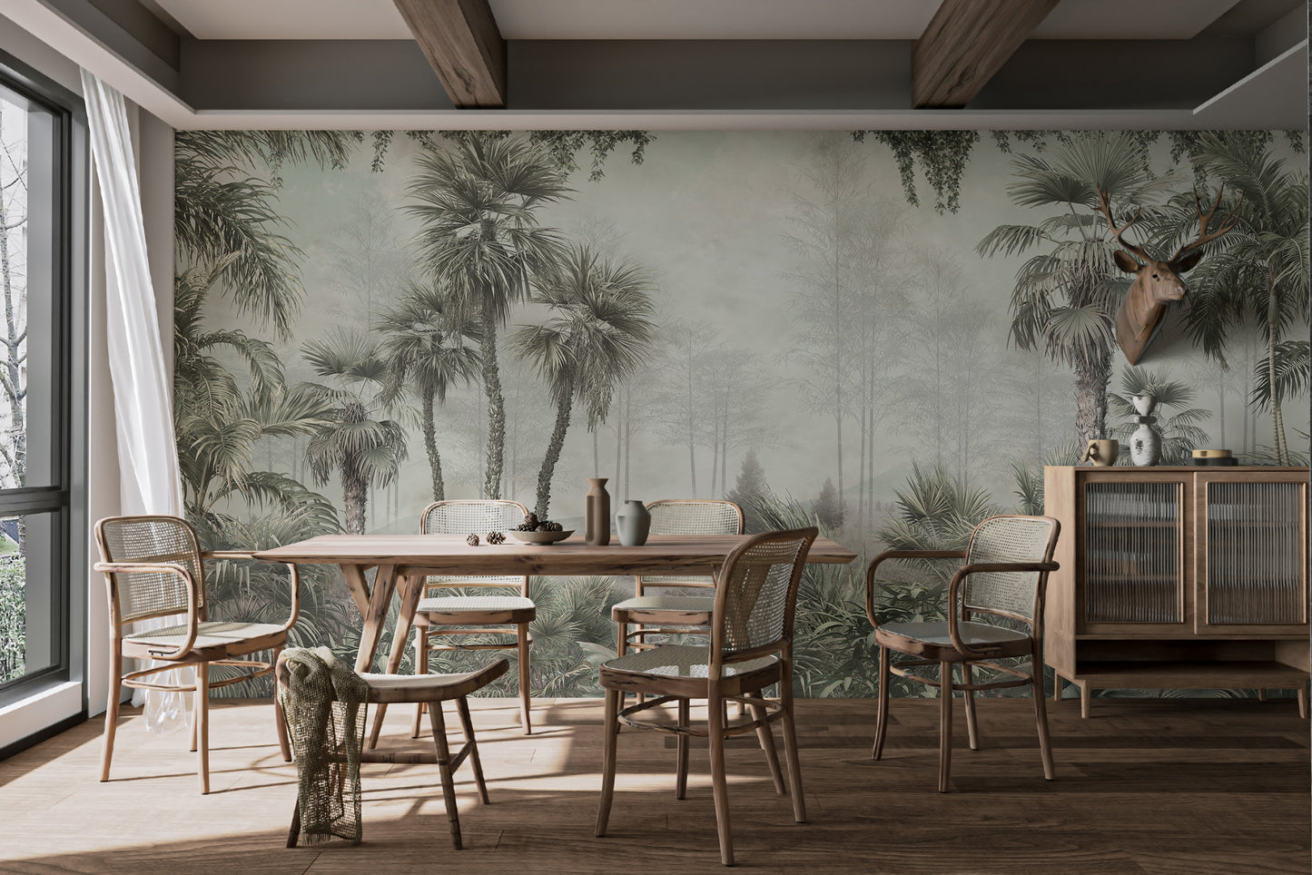 Watercolor tropical wallpaper with lush leaves design.