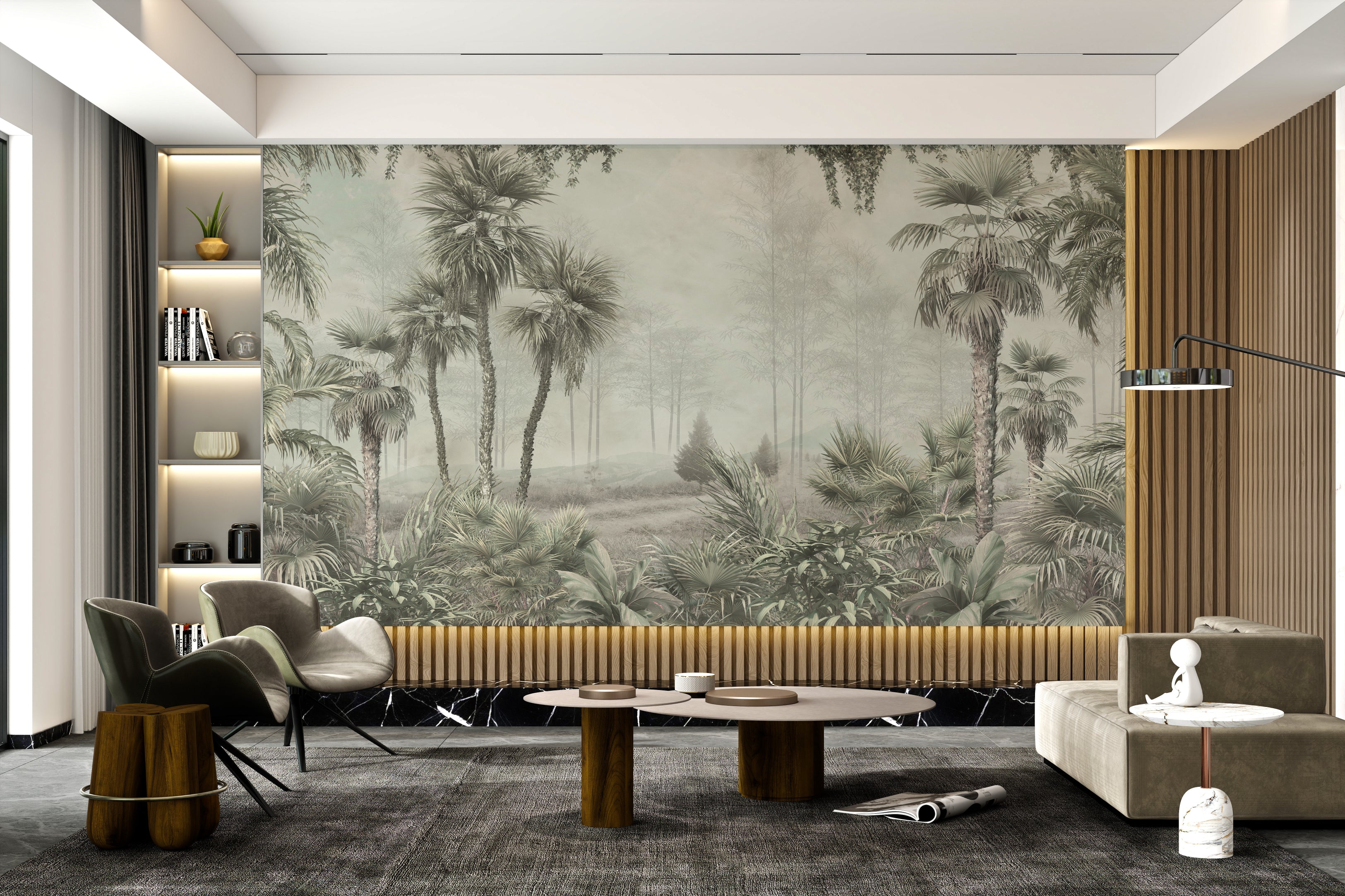 Calming tropical wallpaper with green and beige shades.