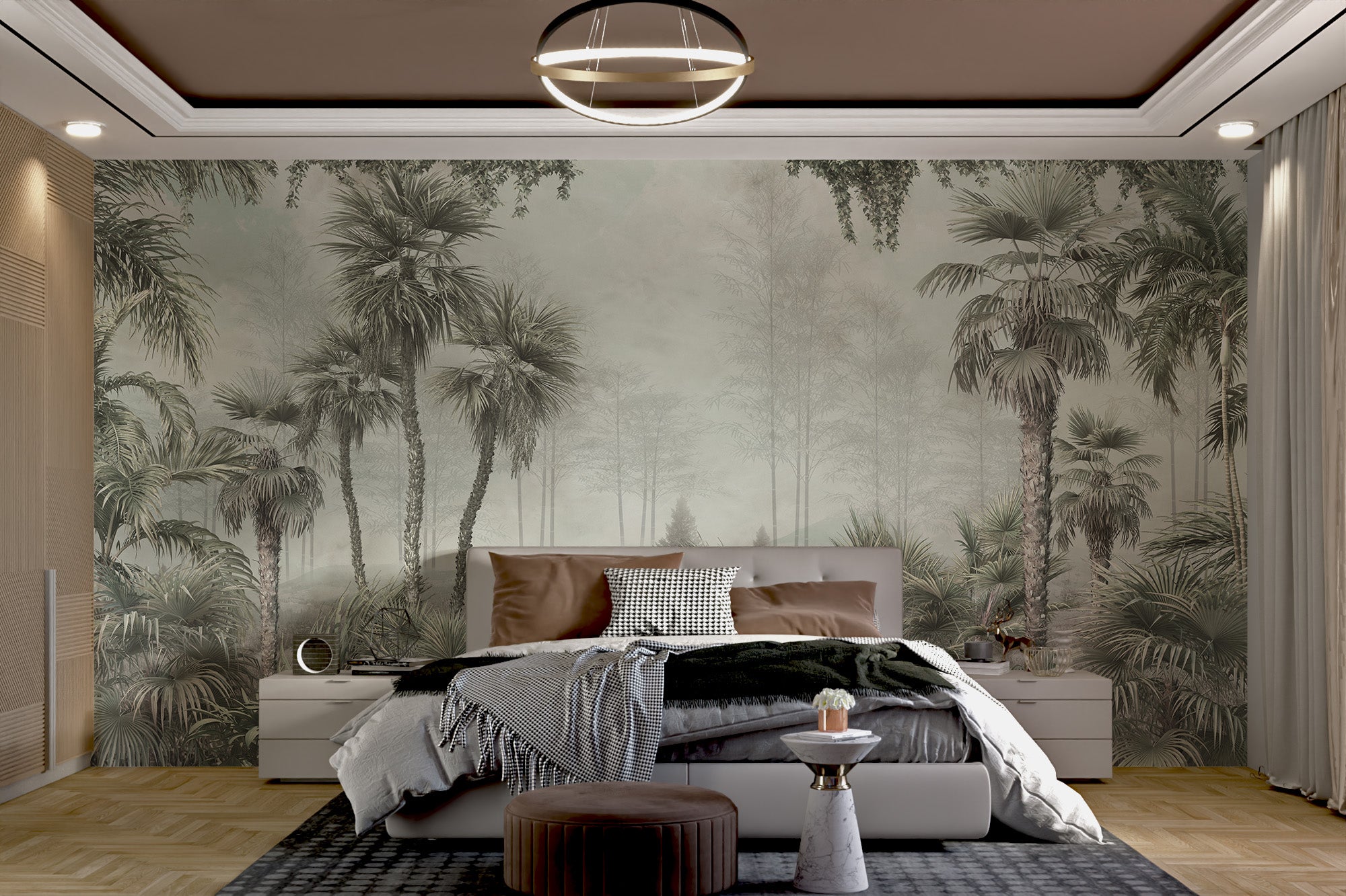 Green palm trees wallpaper for a serene room setting.