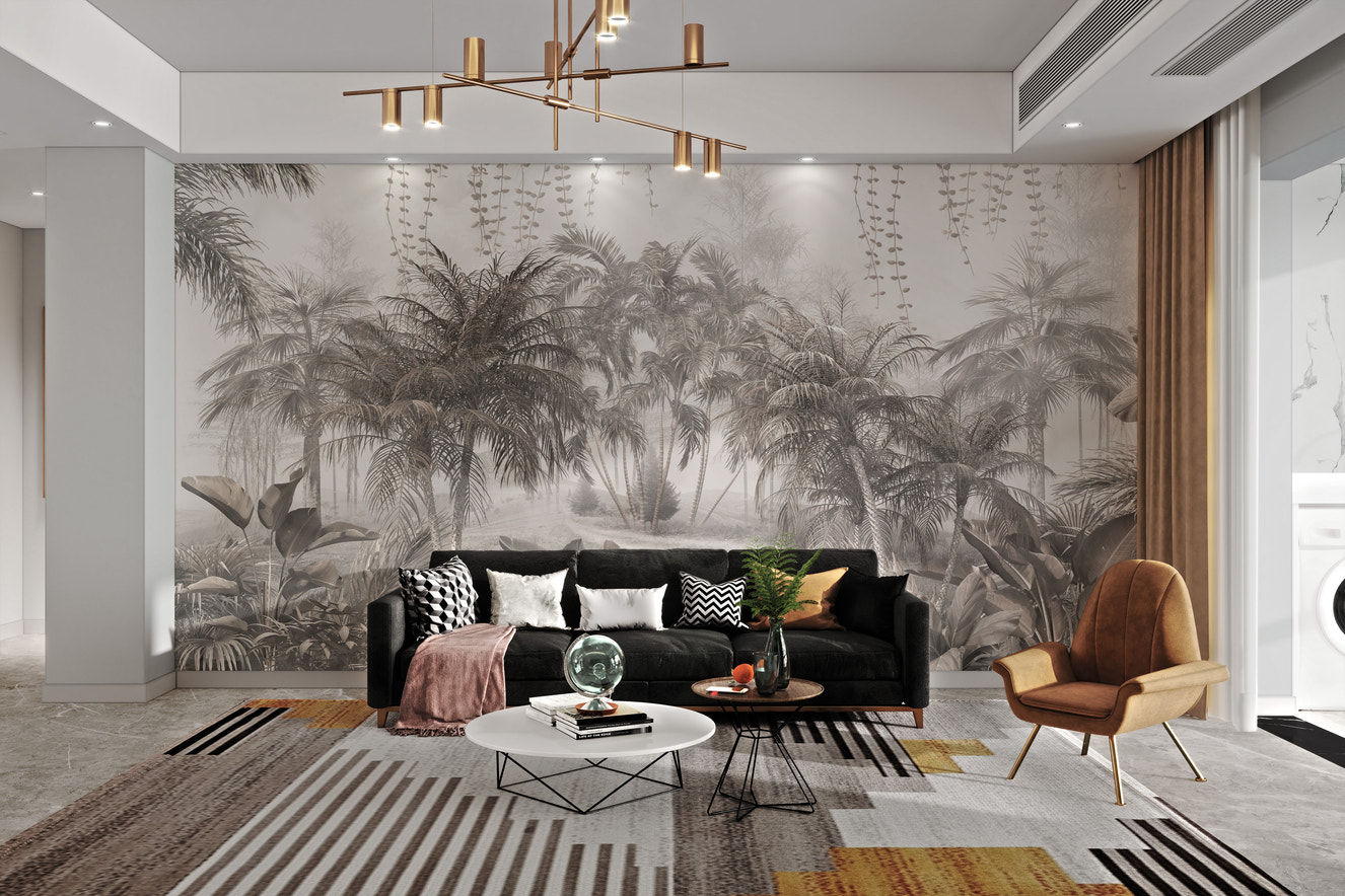 Soft gray tropical palm trees wallpaper design.