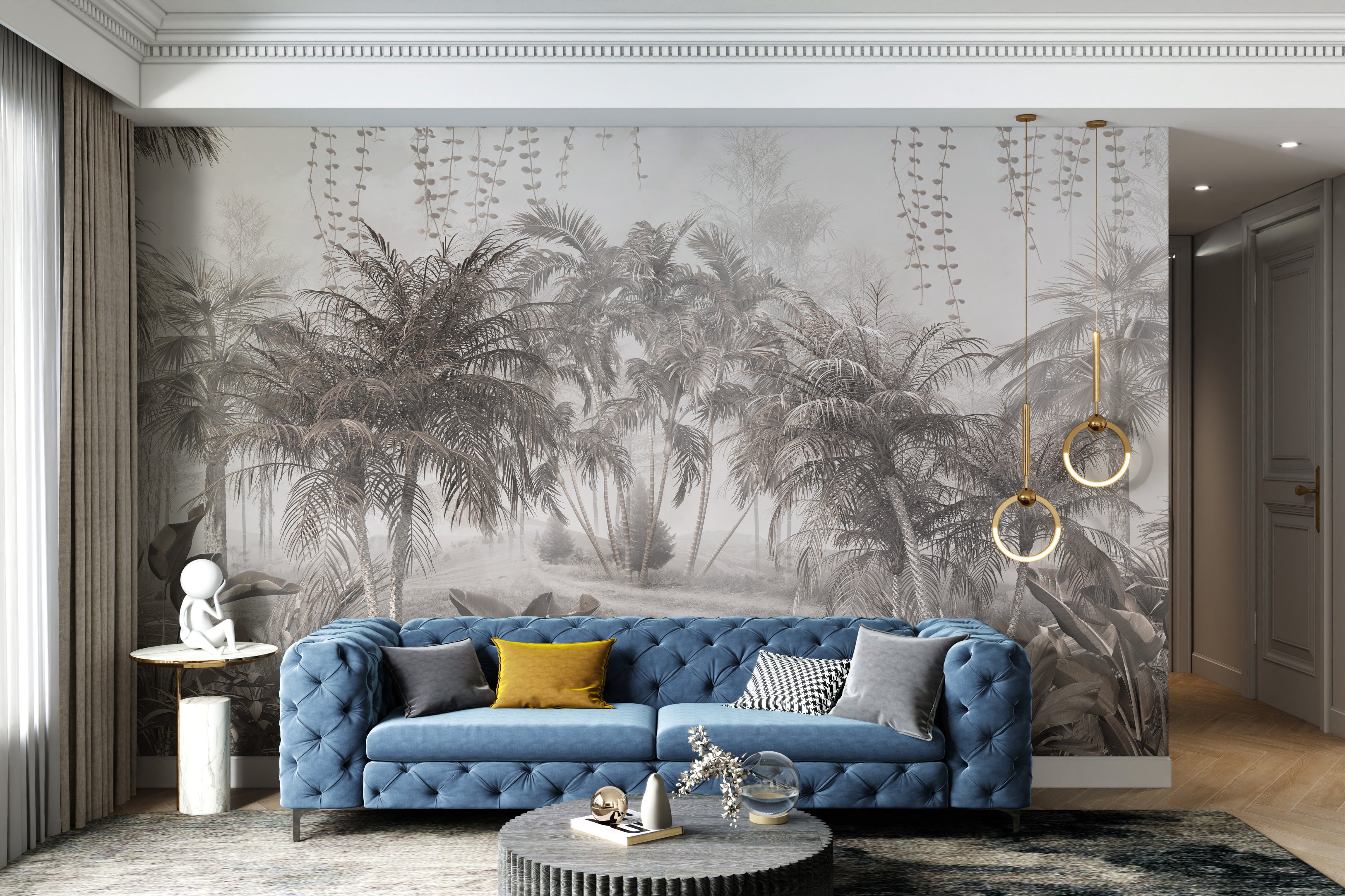 Elegant tropical palm leaves mural with muted tones.