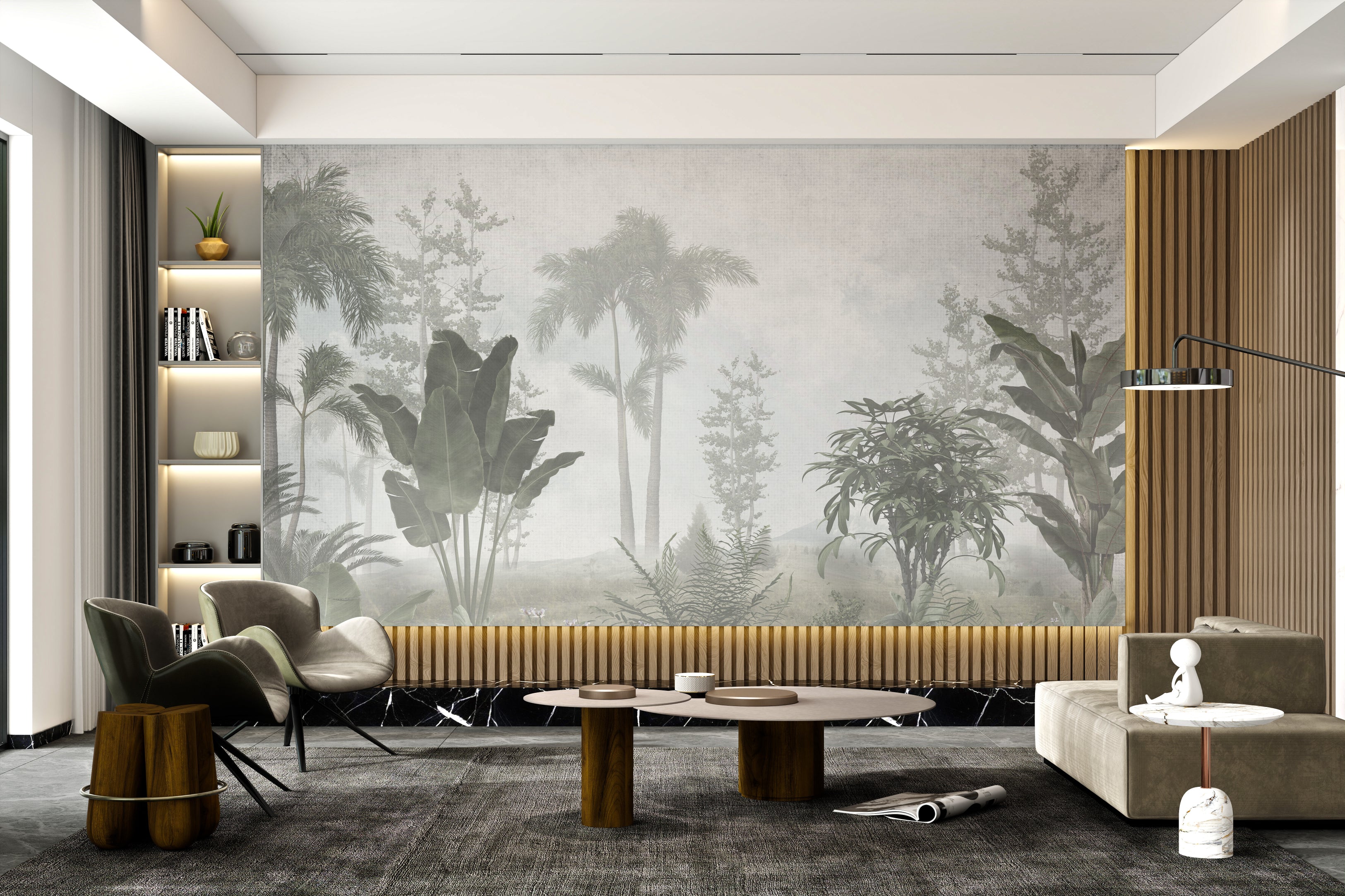 Soft green tropical trees wallpaper for a calming space.