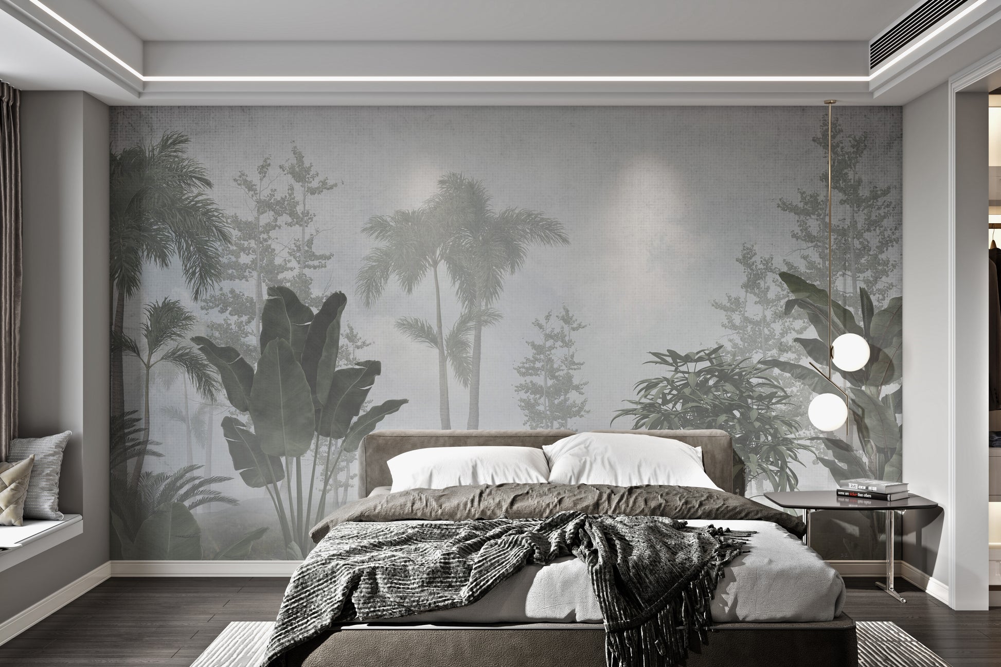 Gray and green tropical foliage mural wallpaper.