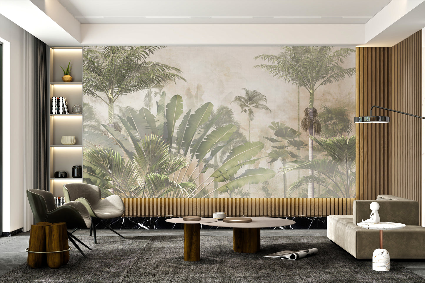 Serene green tropical leaves wallpaper for bedroom.