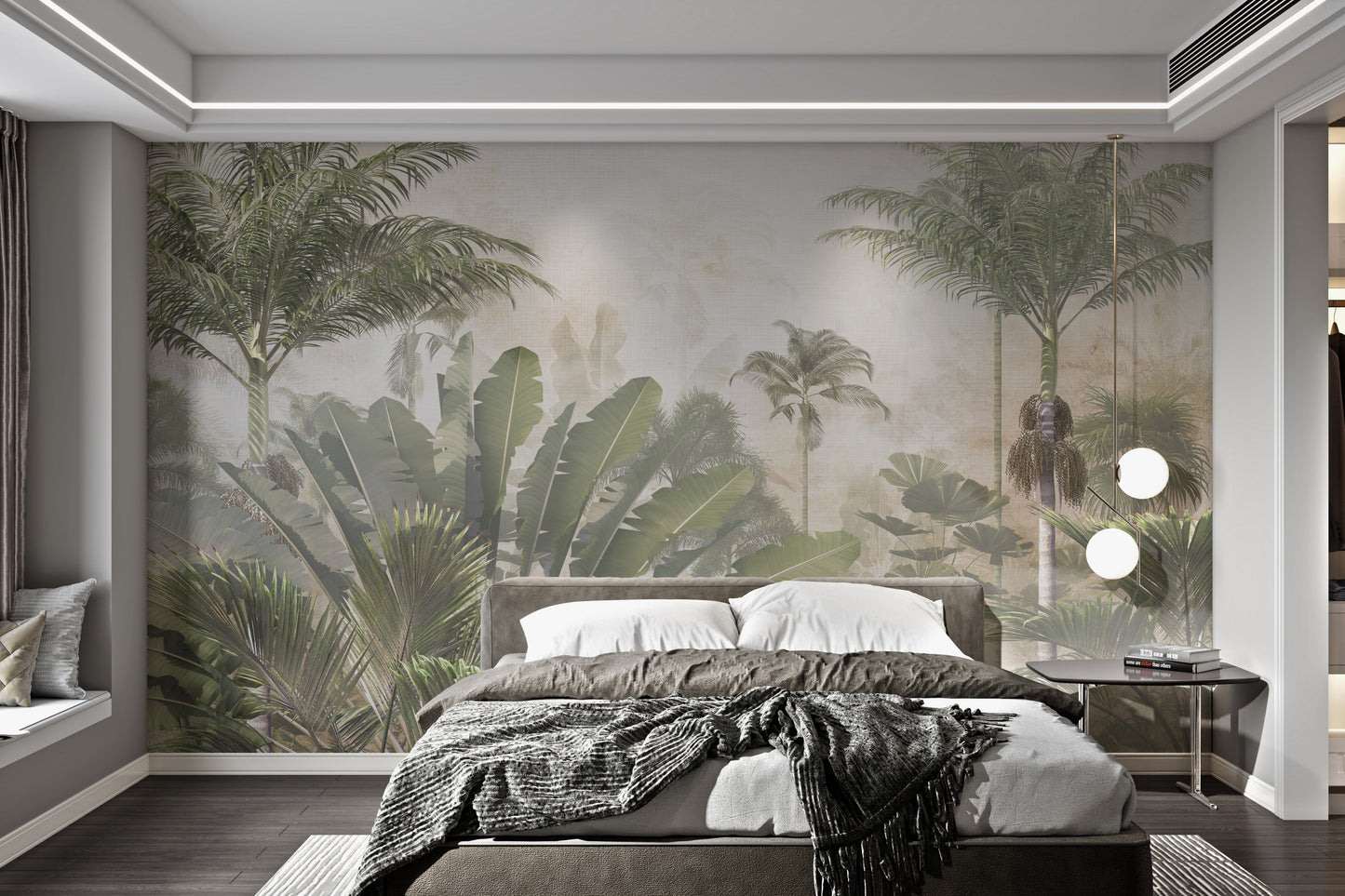 Fresh tropical foliage wallpaper for living room.