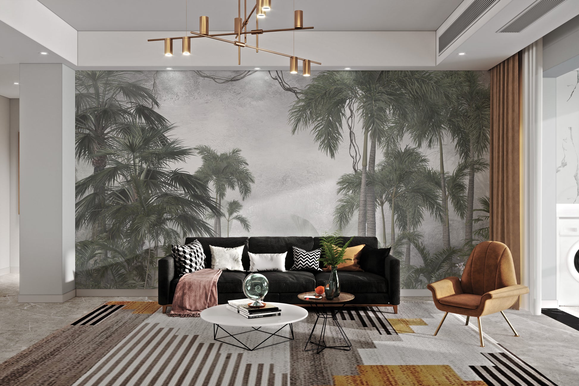 Misty forest wallpaper mural with tropical trees.