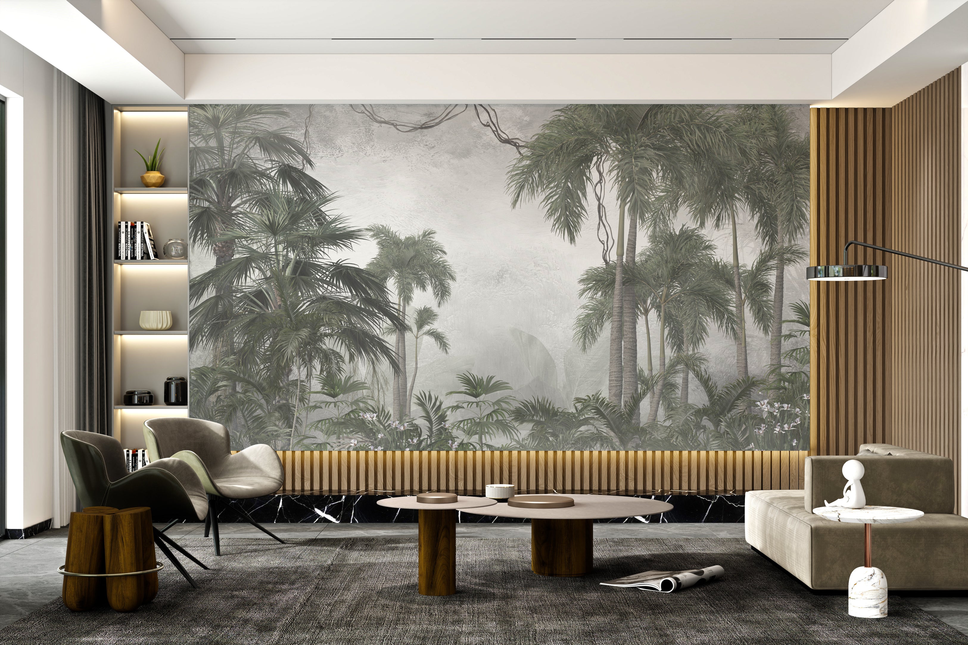 Soft grey tropical foliage wallpaper mural for bedroom.