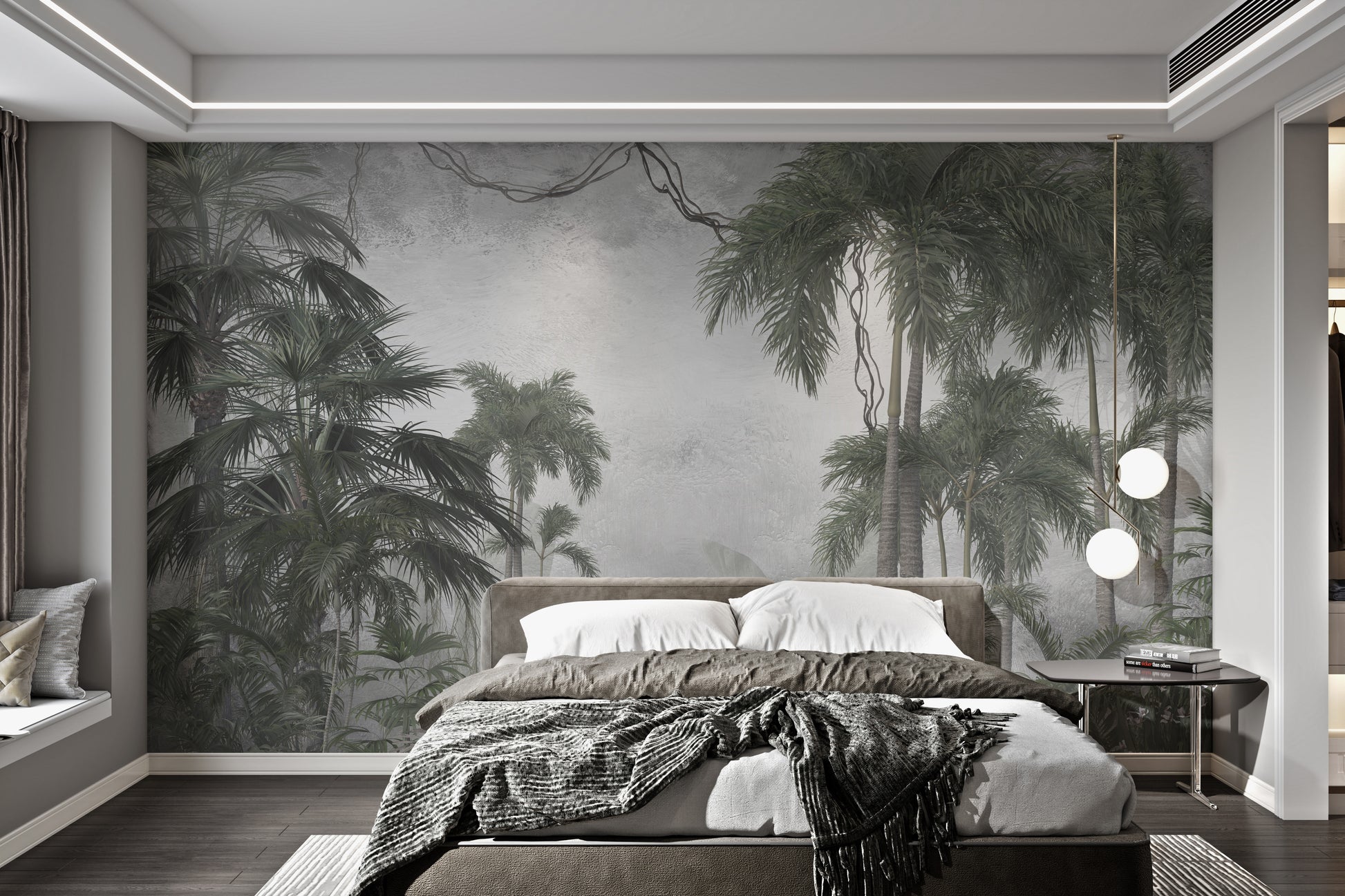 Tropical palm trees wallpaper mural for modern bedroom.