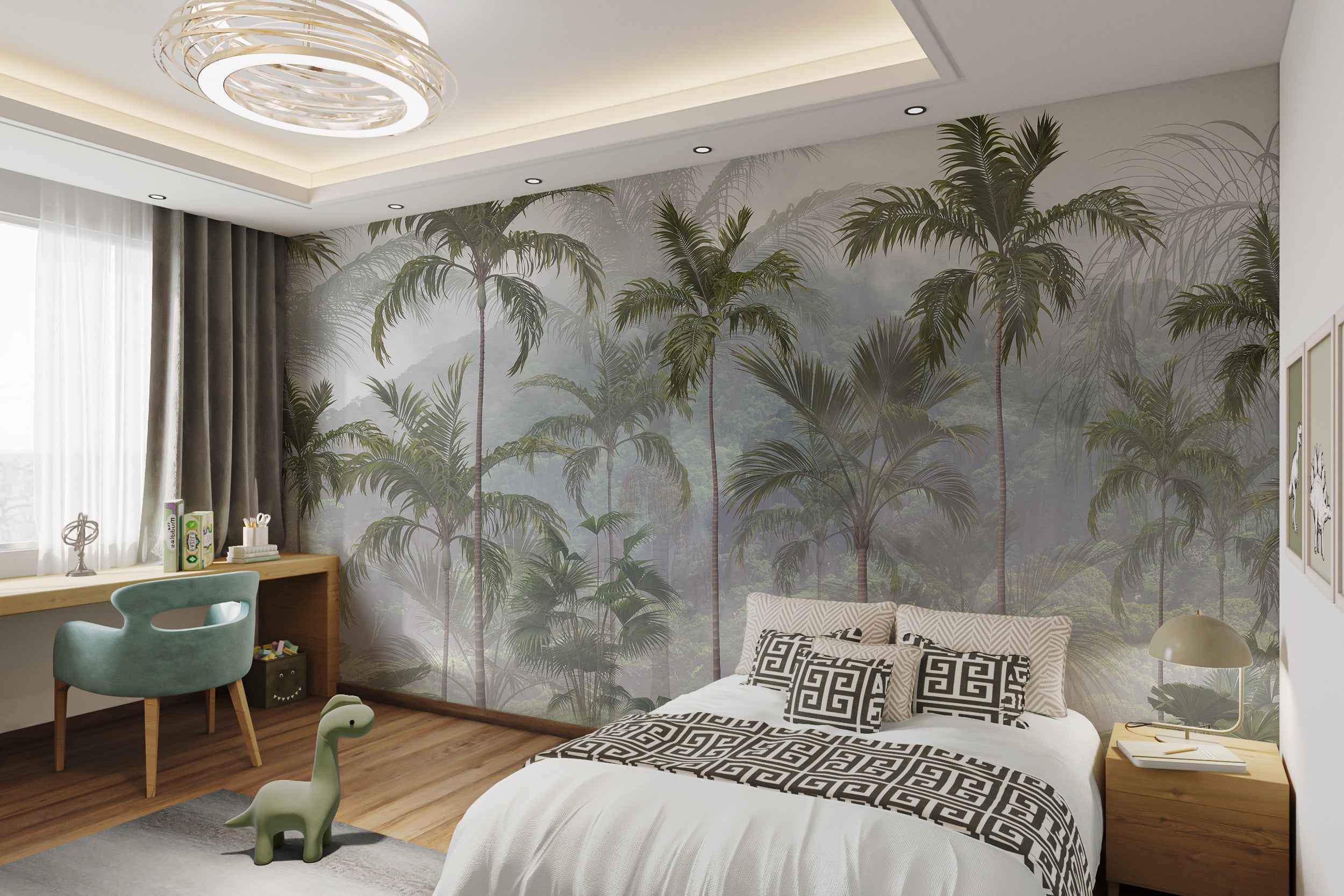 Tropical rainforest wallpaper mural in soft green tones.