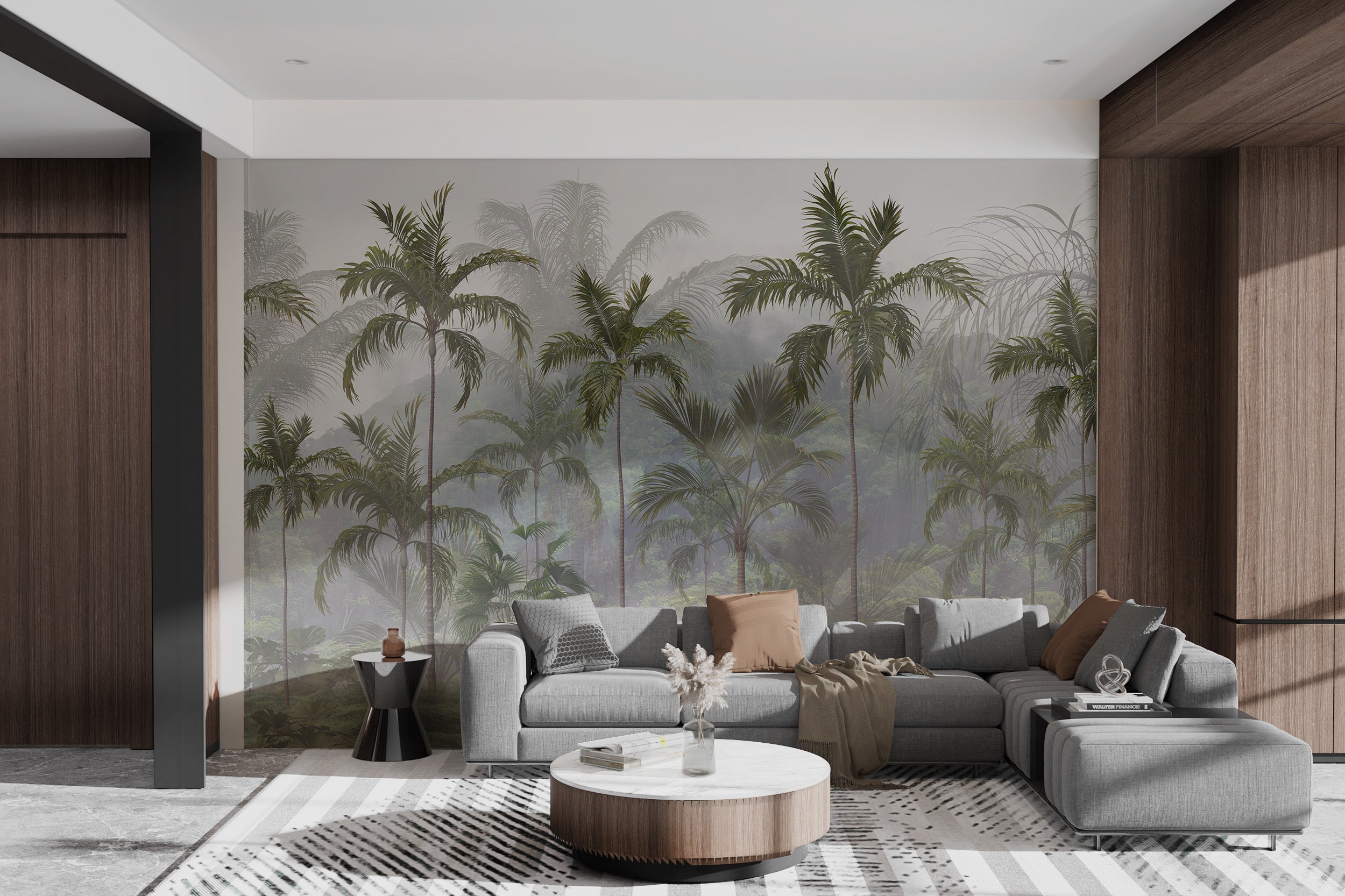 Palm tree wallpaper creating a serene bedroom ambiance.