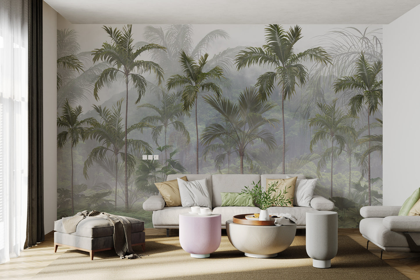 Peaceful rainforest mural for living room decor.