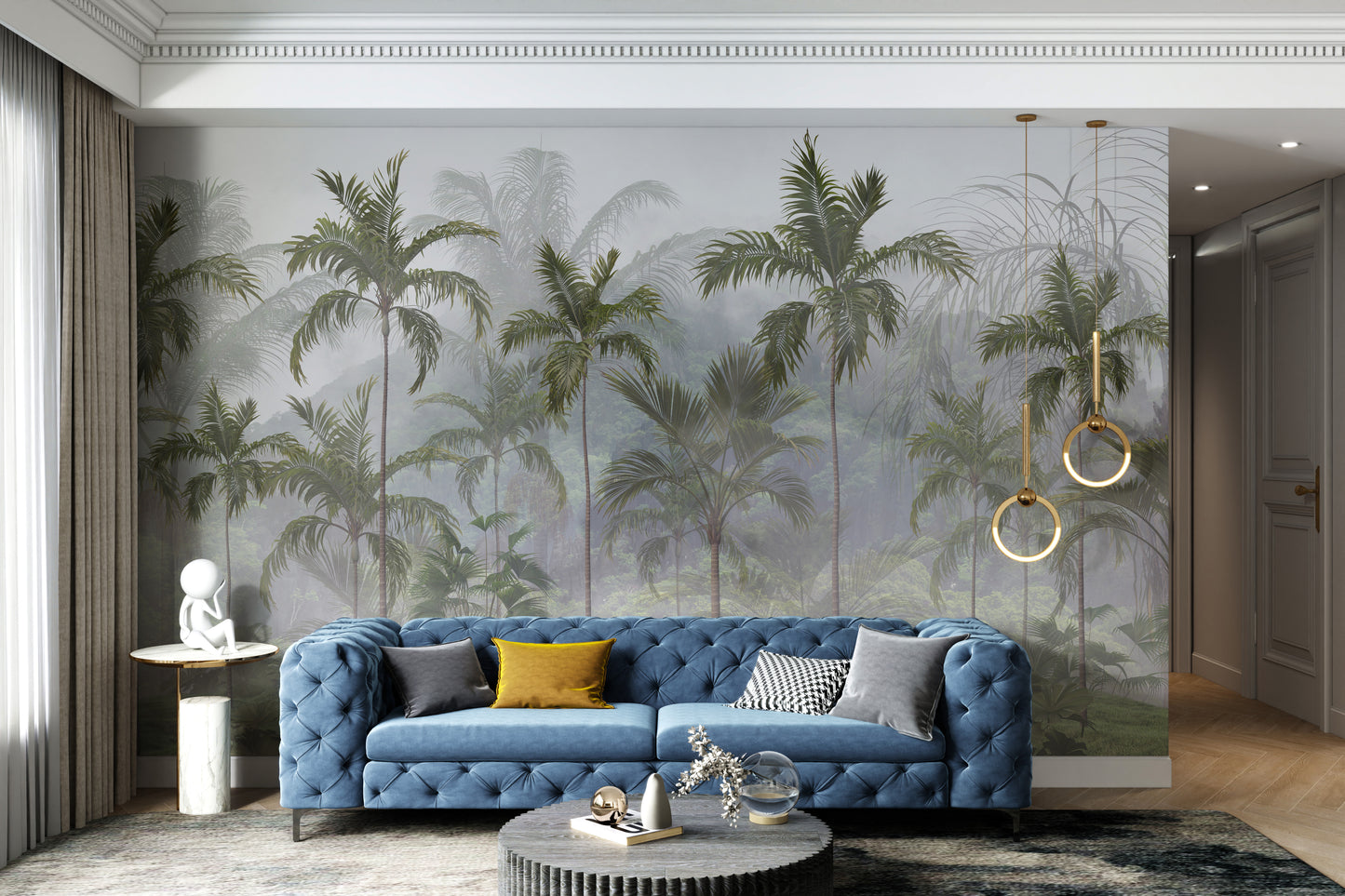 Palm trees in a misty tropical forest wallpaper mural.