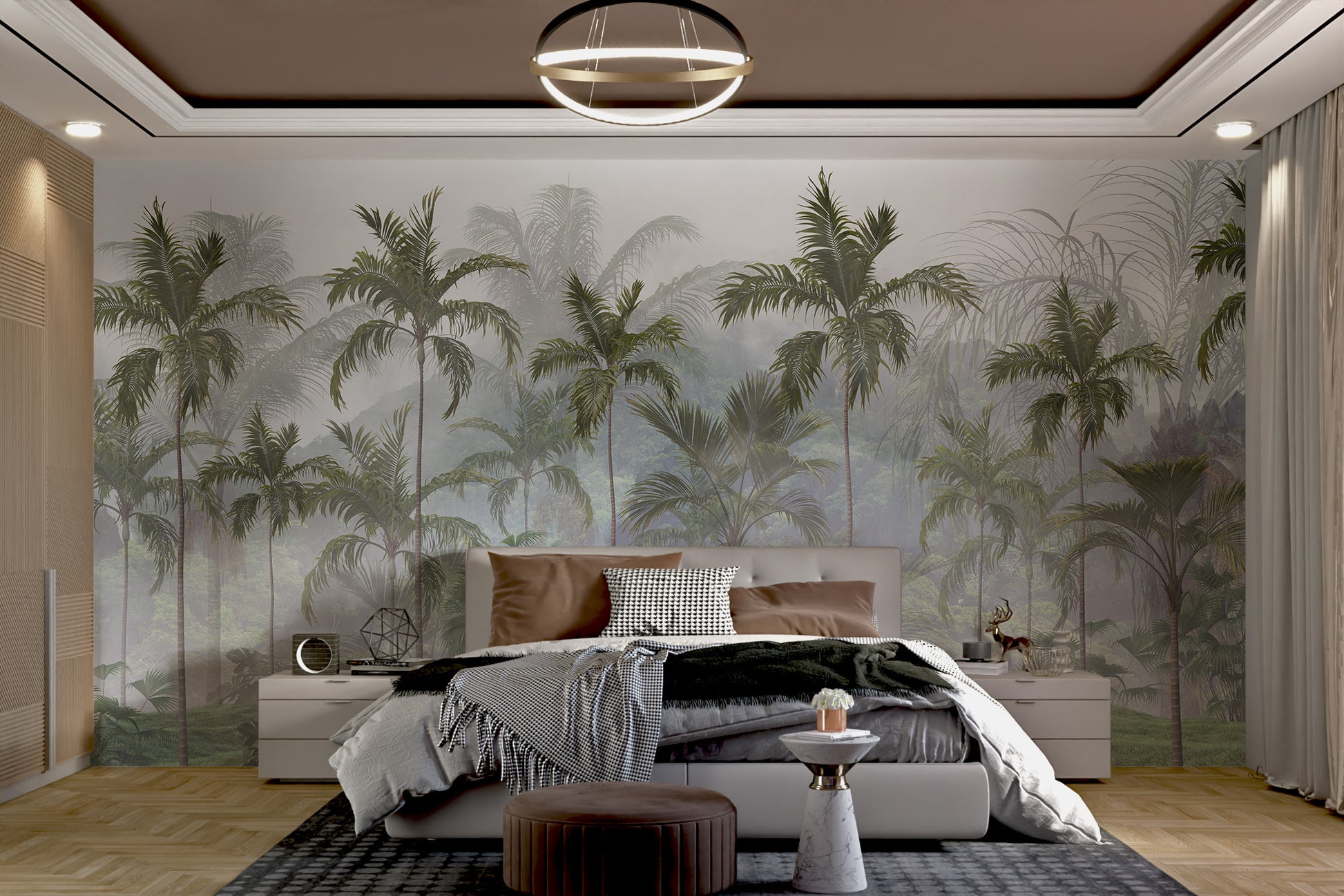 Misty tropical forest mural with palm trees.