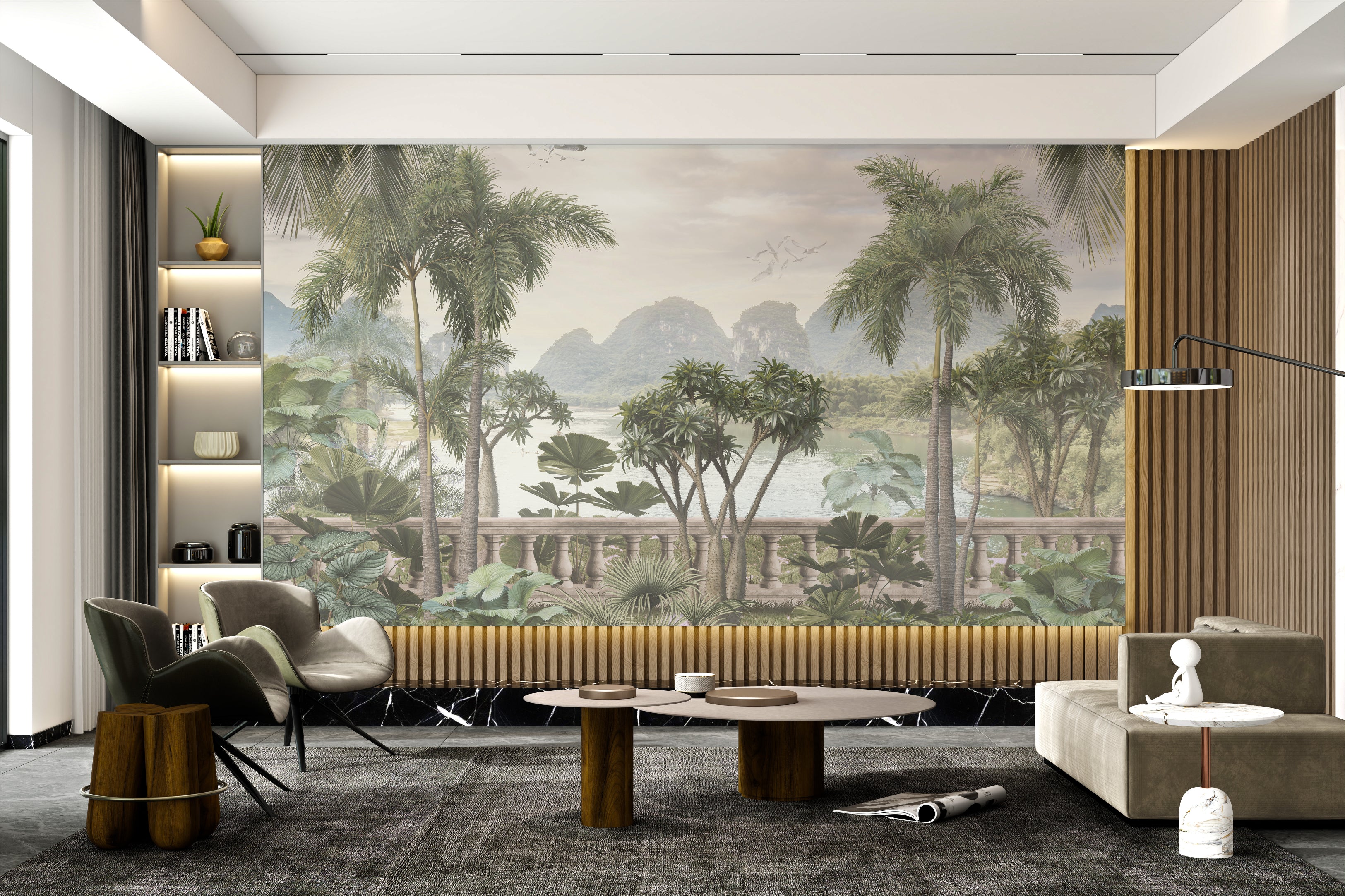 Tropical leaves and misty mountains wallpaper for living room