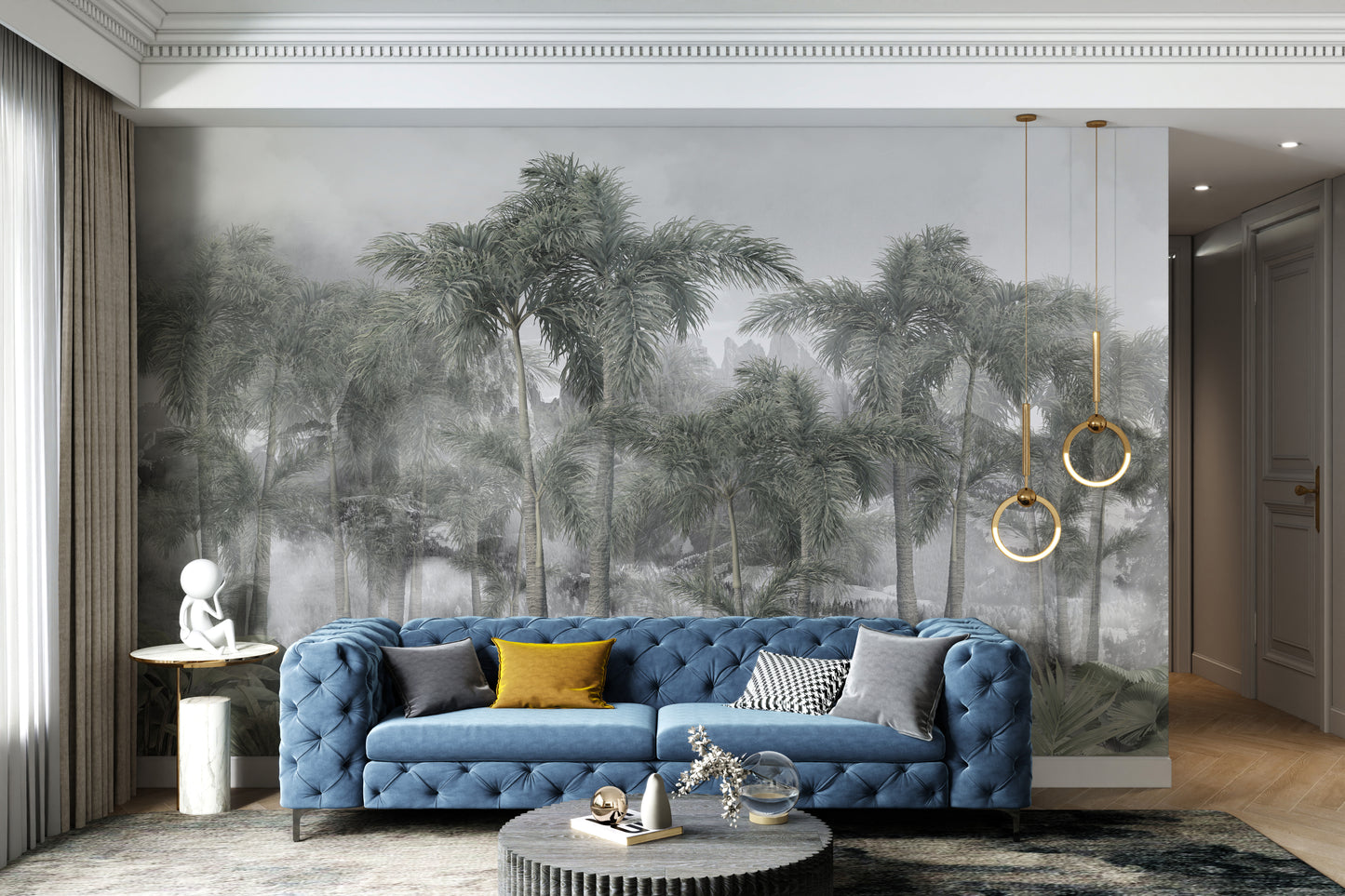 Tropical foggy jungle mural with banana plants