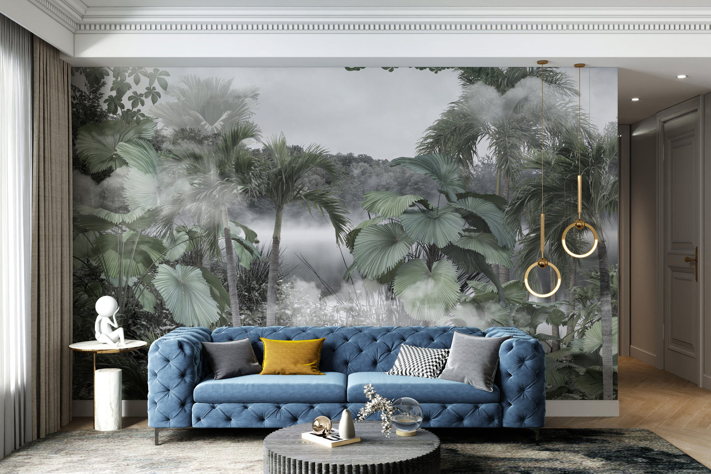 Misty tropical forest wallpaper for serene interiors.