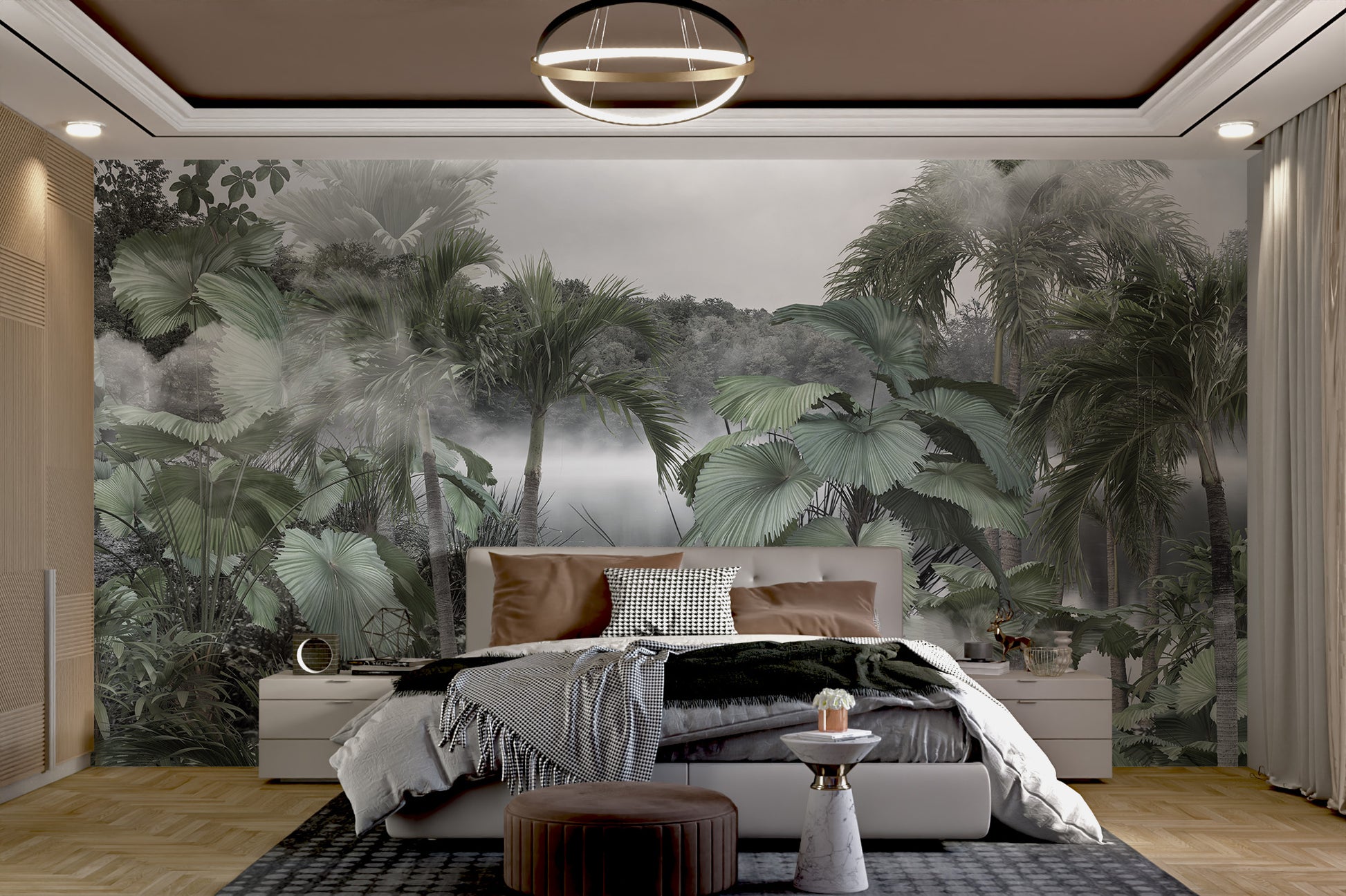 Nature-inspired tropical foggy forest wallpaper mural.