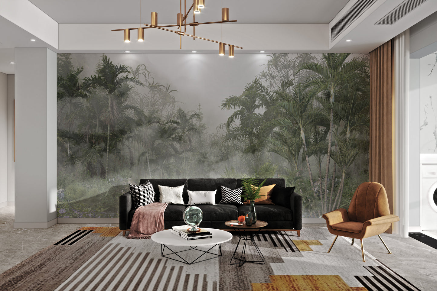 Contemporary misty trees and leaves wall design.