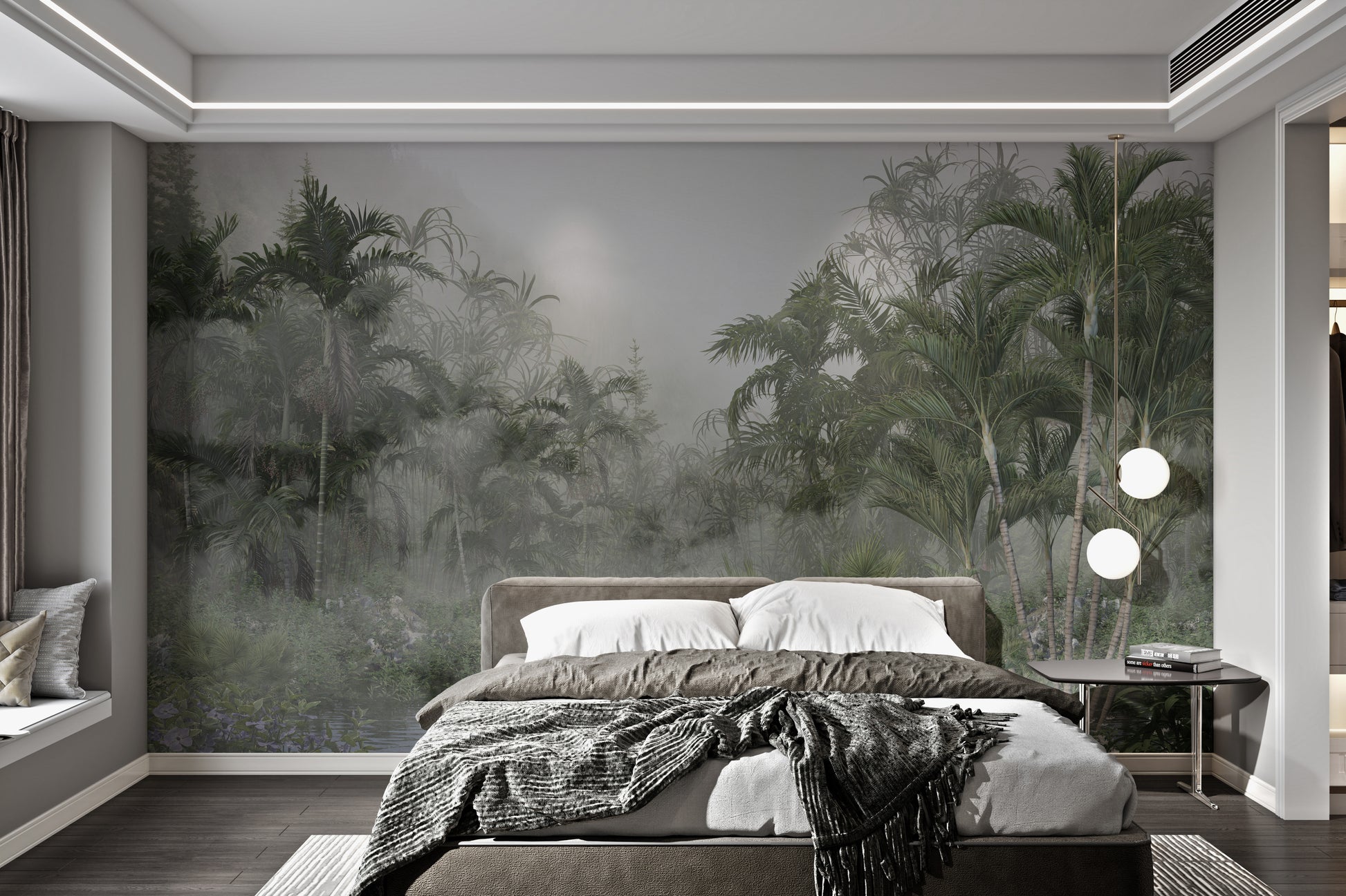 Natural foggy jungle-inspired wallpaper design.