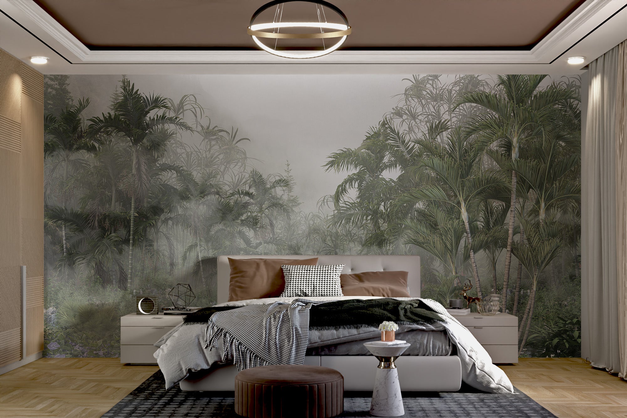 Elegant bedroom with tropical forest wallpaper.